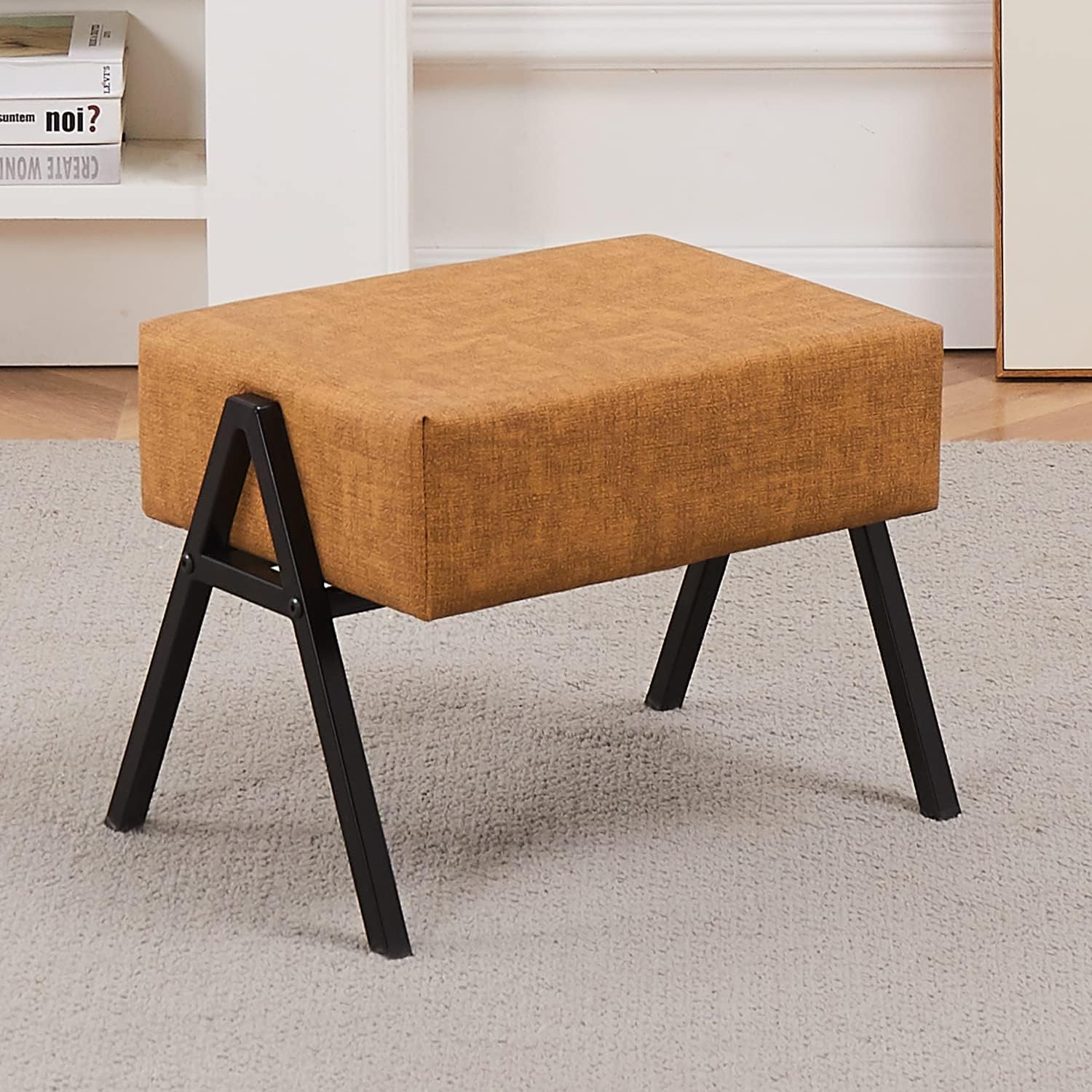 Mxfurhawa Small Footstool Ottoman Waterproof Leather Foot Stool Ottoman Wooden Sofa Footrest for Living Room Entryway Office Bedroom （Brown Yellow）