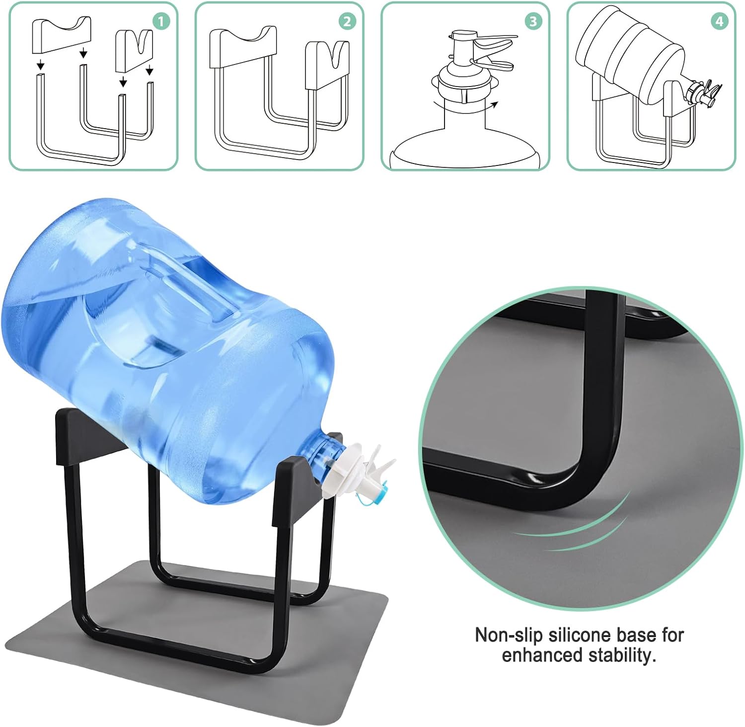 3-5 Gallon Water Jug Stand with 2 Dispenser Valves, Rust-Resistant Steel Stand with BPA-Free Fast Flow Spout, Fits Both 48mm and 55mm Standard Bottles (2 Caps Included)