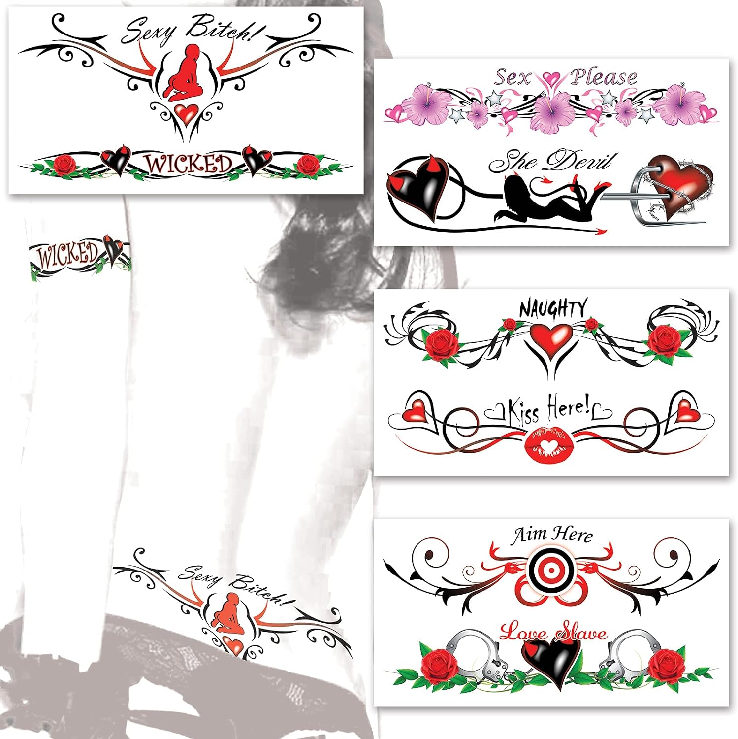 8 Sexy Naughty Temporary Tattoos for Women Ladies - Adult Fun for Lower Back Legs Arms Stomach, Red (Package Color), 7.5”x4”