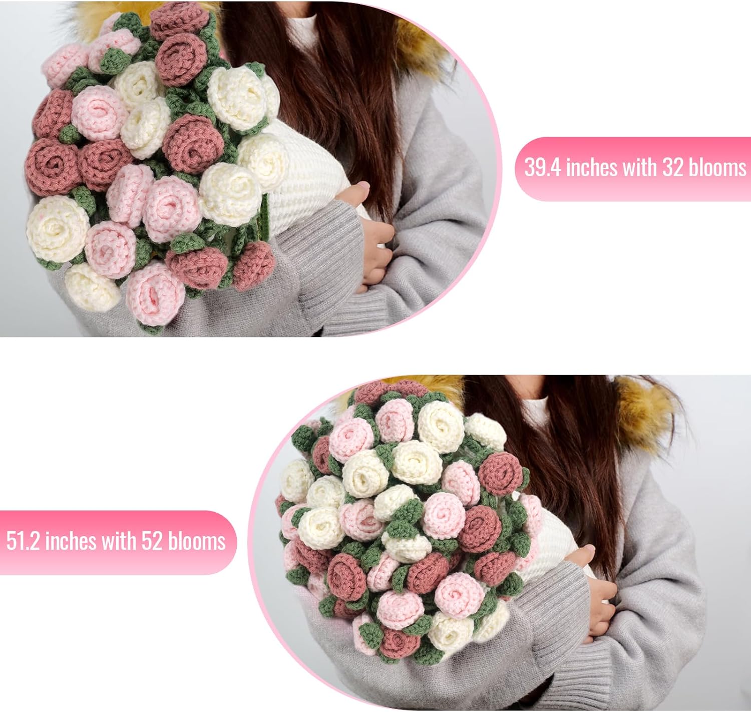 Handmade Crochet Rose Flower Bouquet Blanket - Round, Soft & Lightweight Romantic Gifts forHer, Birthday/Wedding/Valentine’s Day/Mother’s Day Home Decor (Elsa Pink, 40 inch) Elsa Pink 40 Inch