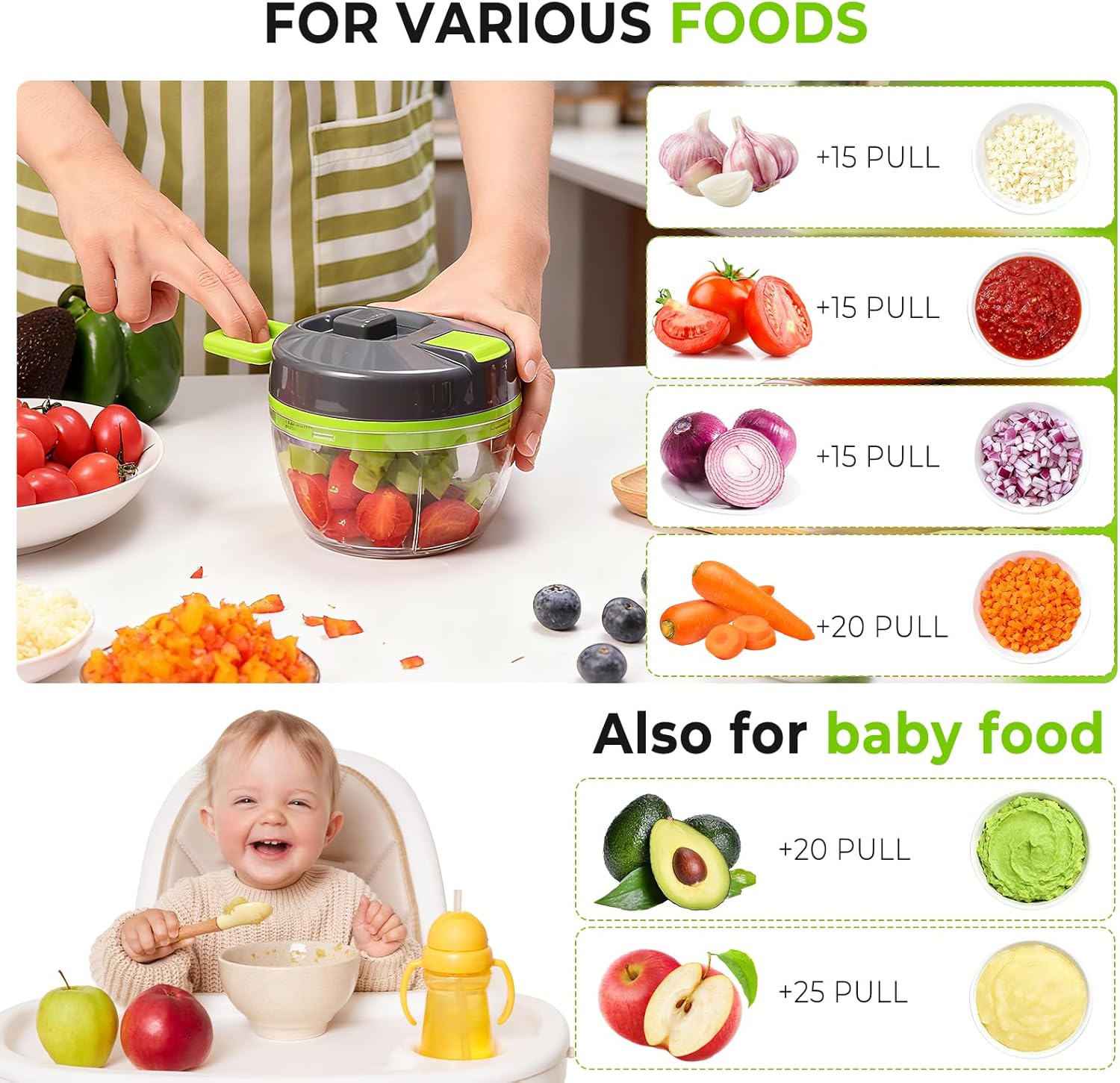 Examples of various foods and the number of pulls needed to achieve different consistencies, including baby food.