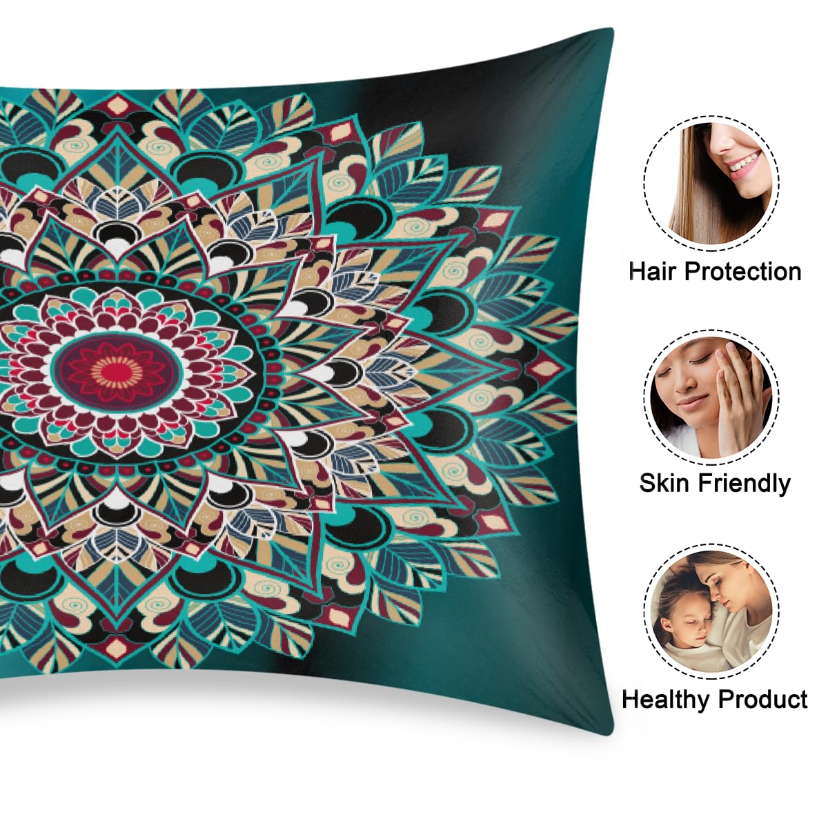 Satin Pillowcase for Hair and Skin Turquoise Mandala Ethnic Soft Silk Pillow Case with Envelope Closure Cooling Pillow Cases Slip Pillow Cover for Women Men Kids Boys Girls