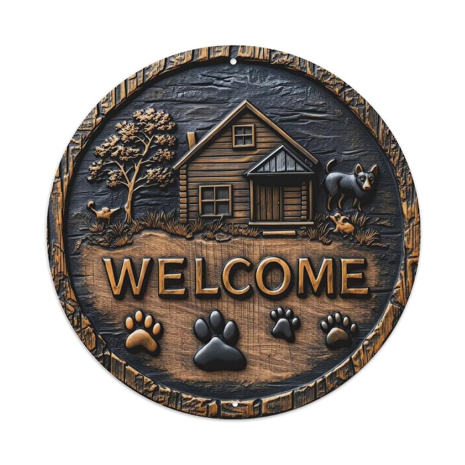 Dog Paw Welcome Rustic Wooden Cabin Metal Tin Sign