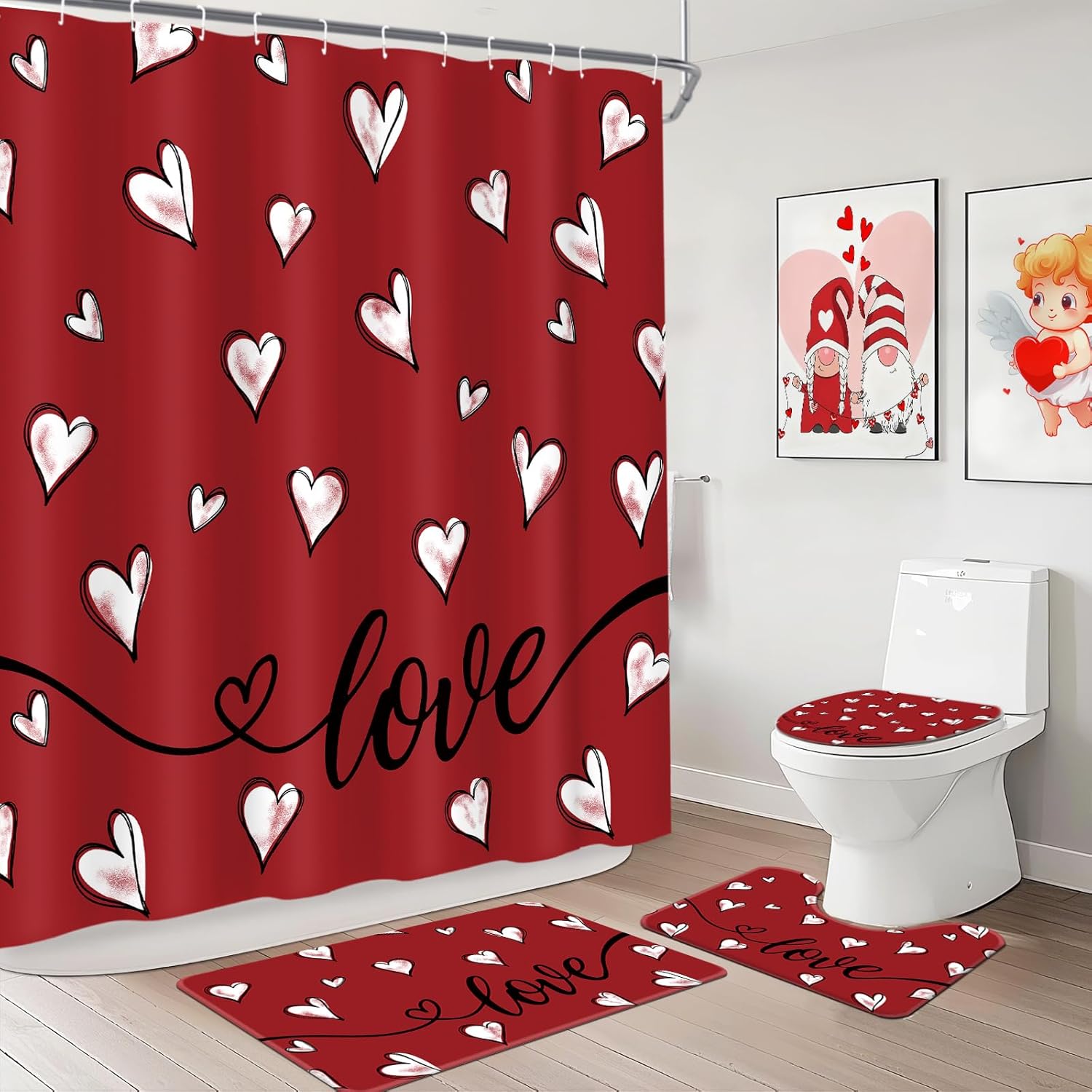 MEHOFOND Valentine's Day Shower Curtain Sets 4 Pcs with Shower Curtain,Non-Slip Rugs,Toilet Lid Cover, Bath Mat and 12 Hooks Red Heart Valentines Day Home Decor Valentine's Day Theme Bath Curtain Set