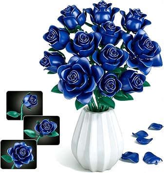 Flowers Bouquet Building Set, 634 PCS Adjustable Leaves & Petals, DIY Artificial Blue Roses Block Kit for Kids Birthday Christmas, Adults Valentine s Day, Her or Him