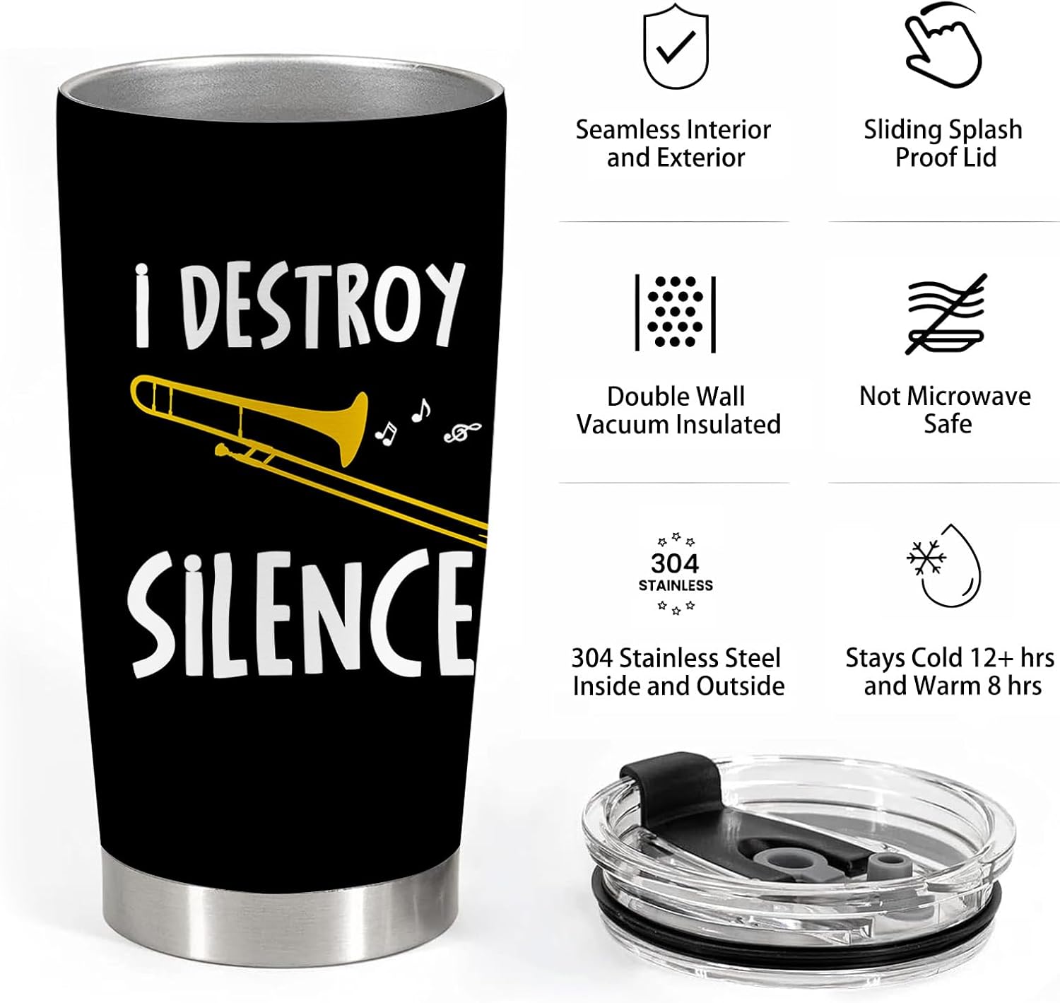 Trombone Gifts, Gifts for Trombone Players, 20oz Stainless Steel Tumbler with Lid Straw - Image 3
