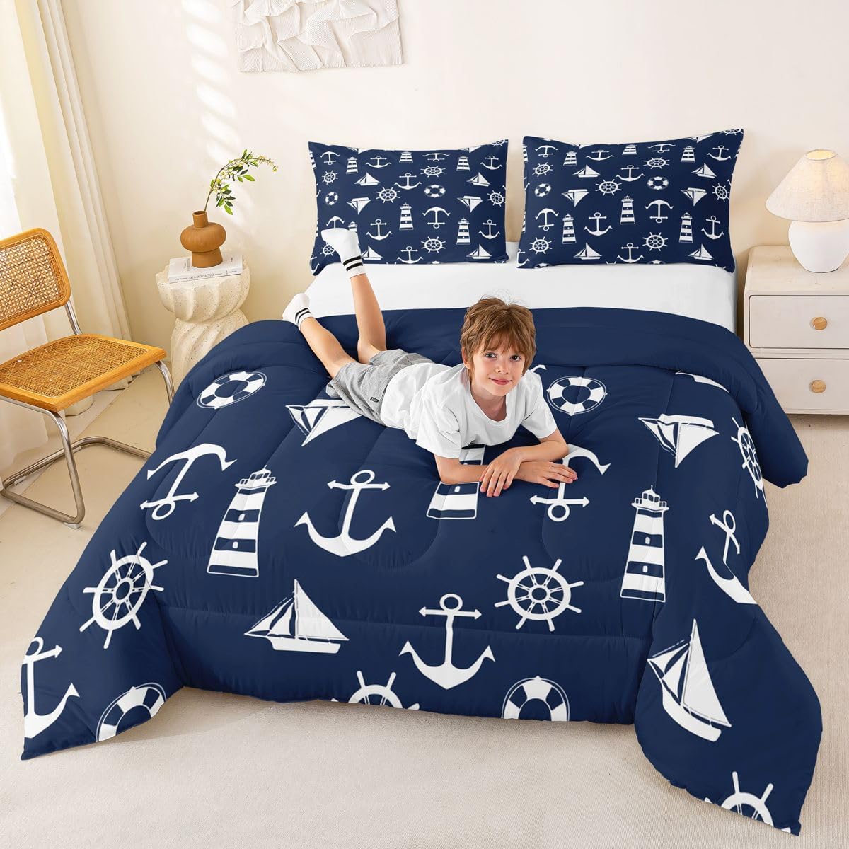 Feelyou Nautical Bedding Set,Kids Boys Girls King Size Sailboat and Anchor Print Comforter Set,Ultra Soft Ships Lighthouse Compass Comforter,Ocean Themed Duvet Quilt,Bedroom Decor Quilt