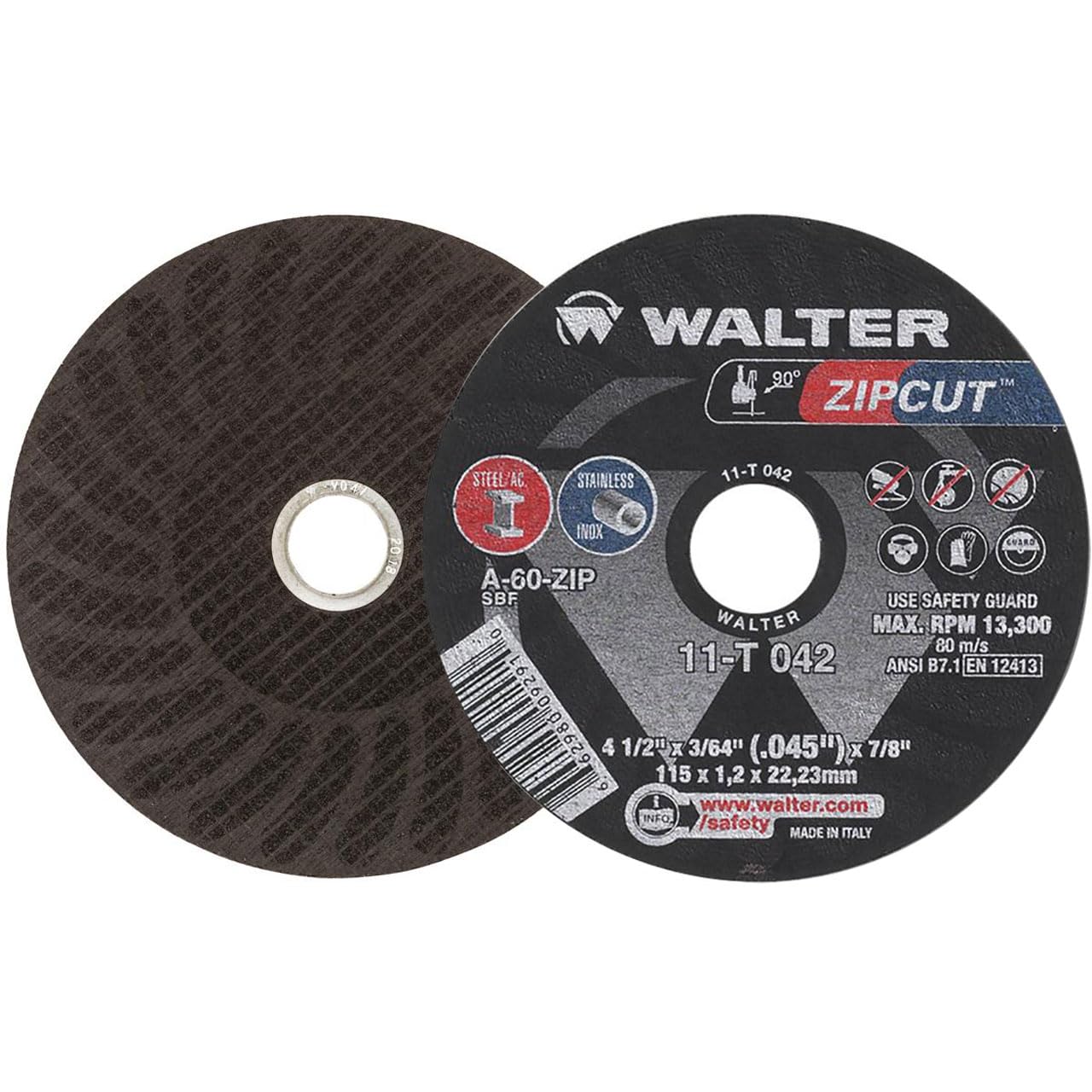 Walter Surface Technologies 11T042 ZIPCUT 4.5X3/64X7/8'' T1 CUT-OFF WHEEL, 25 Pack