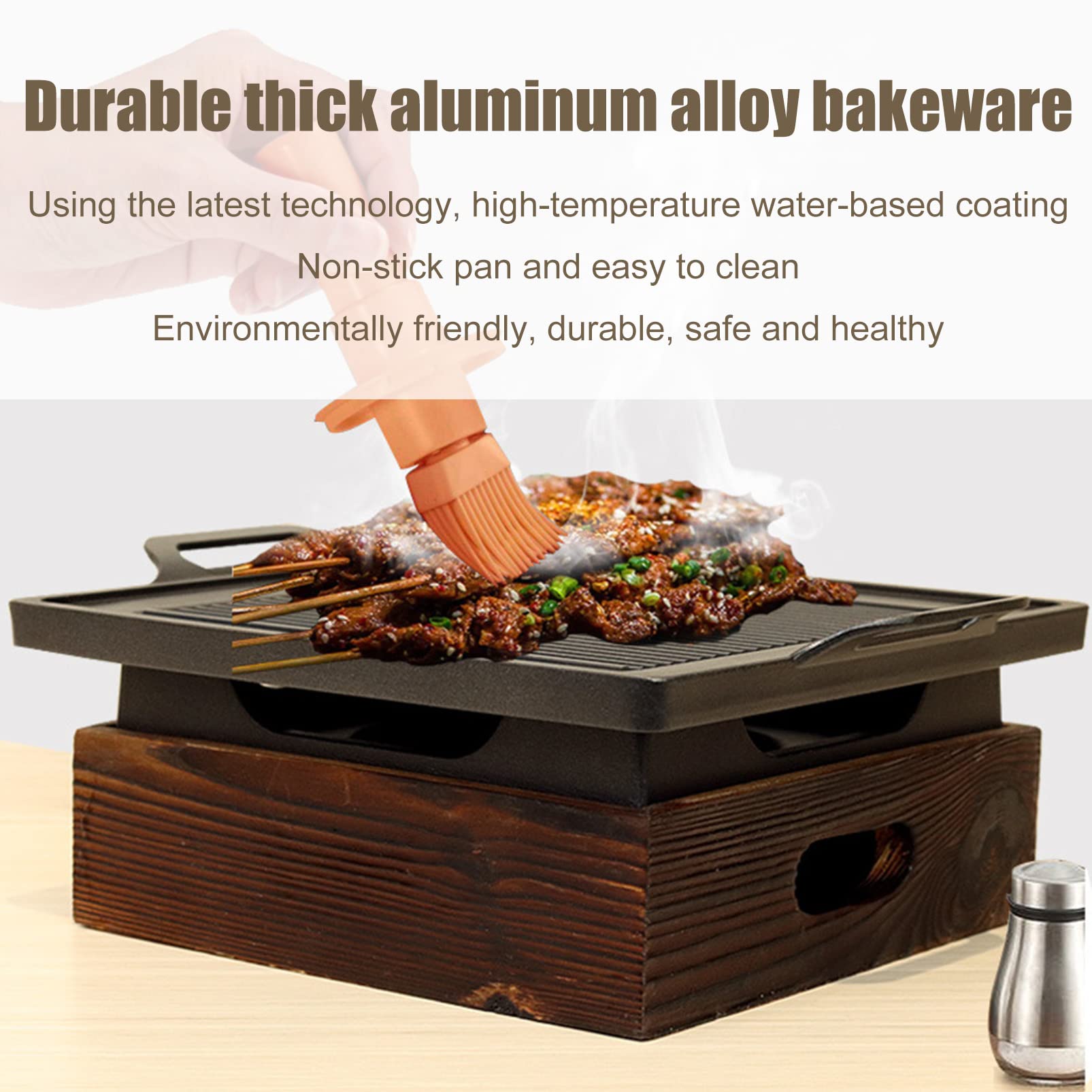 Barbecue Portatile Griglia da Tavolo Stufa Ad Alcool, Hotel Stile Giapponese Barbecue Piastra Griglia A Carbone, Tavolo da Pranzo Hibachi Grill con Base in Legno, per Giardino da Campeggio al Copert