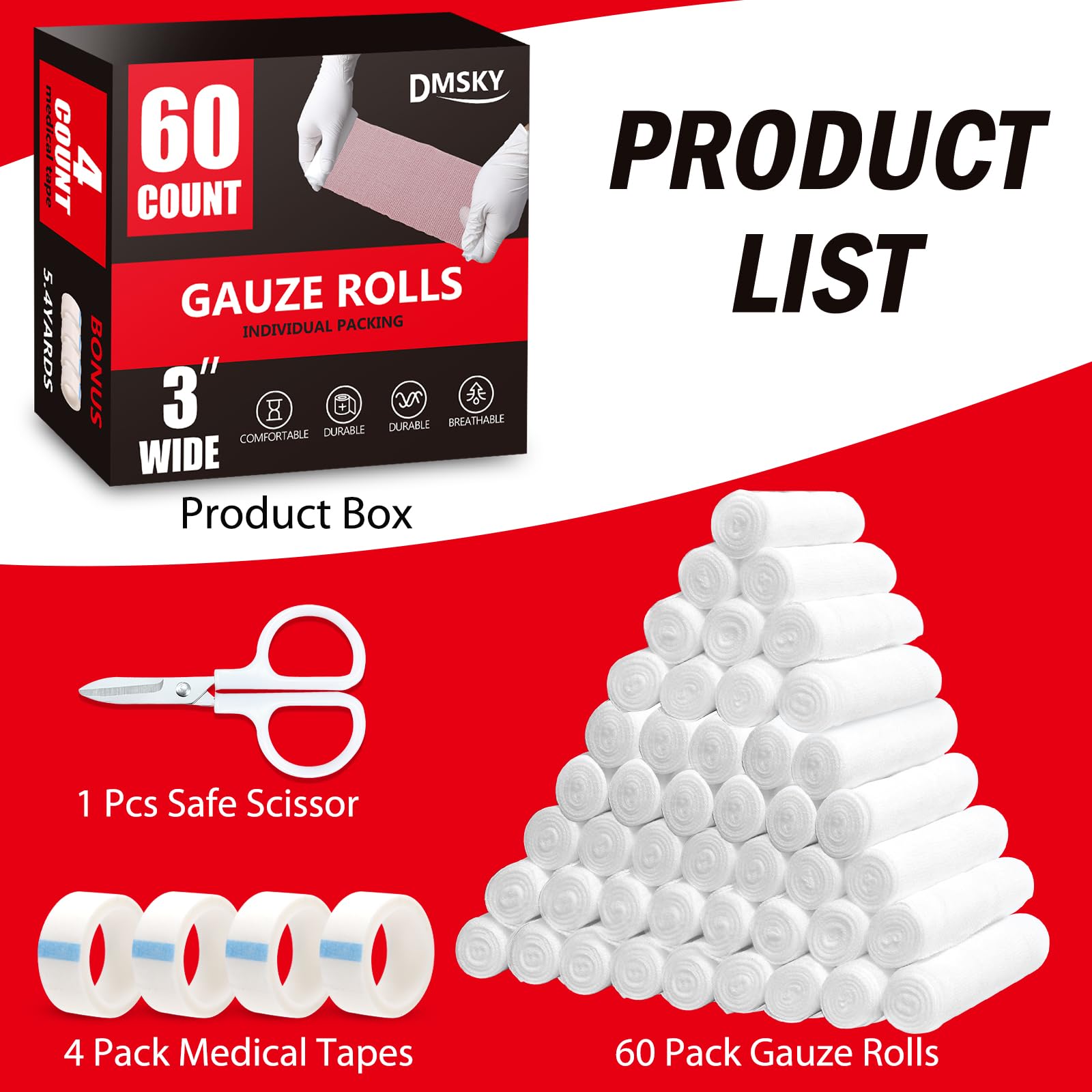 Paquete de 60 rollos de gasa vendas, 3 pulgadas x 4 yardas, gasa enrollada transpirable envuelta individualmente, suministros de primeros auxilios y suministros médicos para heridas