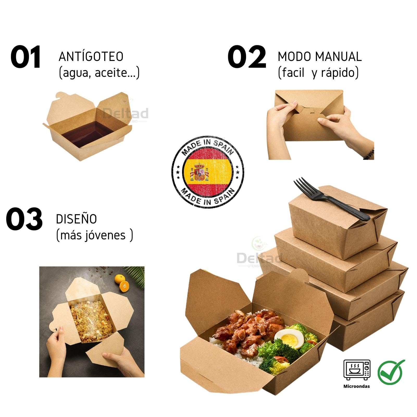 Envases De Papel Kraft Rectangulares 650 Ml - Tapa De Polipropileno - Para Ensaladas Y Comida Para Llevar
