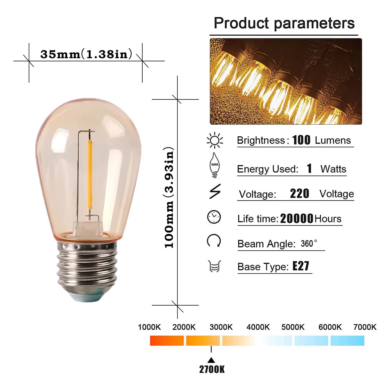 Bombilla LED de repuesto S14 de plástico, 2 W, irrompible, E27, 220 V, blanco cálido, 2700 K, bombilla Edison vintage(2W)