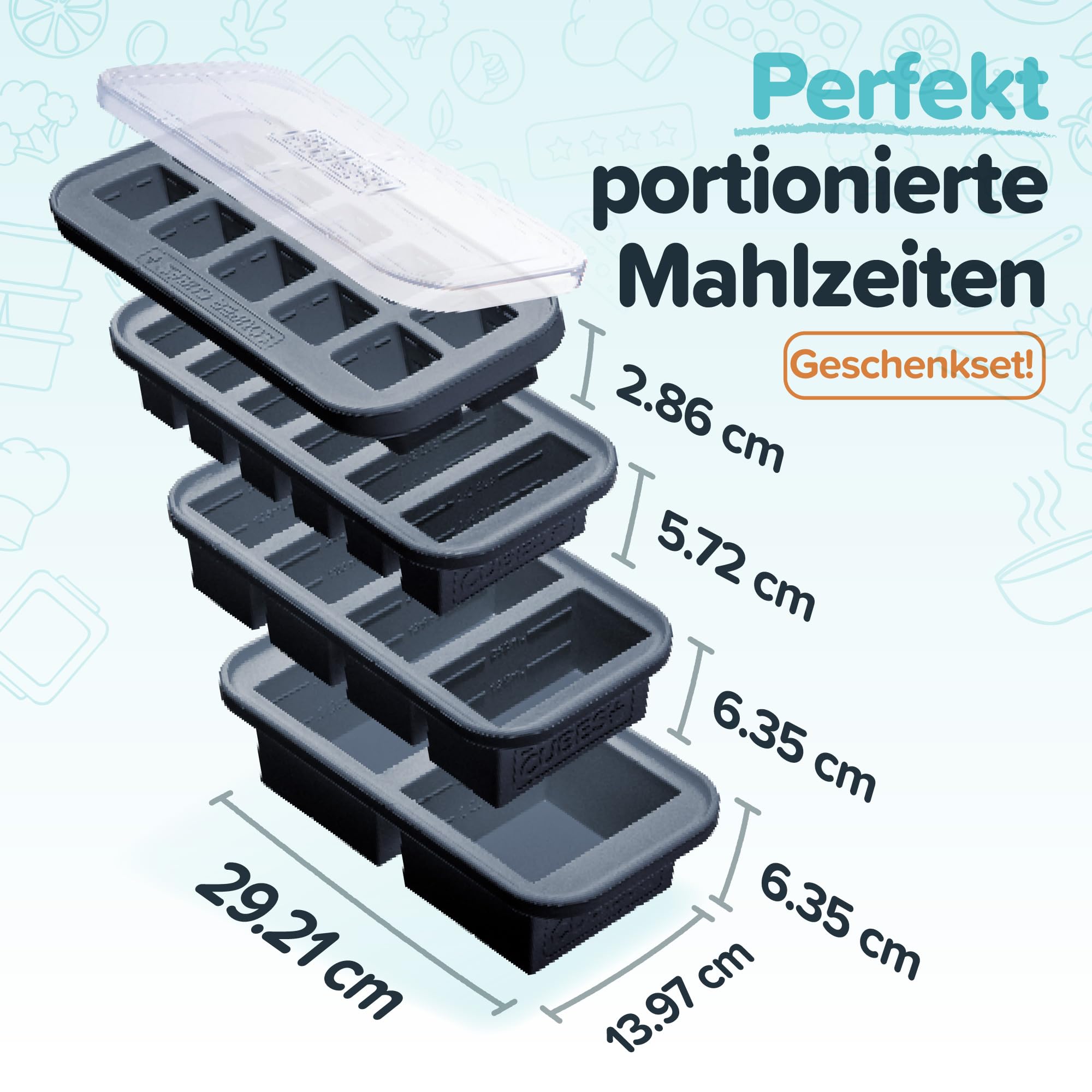 Souper Cubes Silikon-Gefrierformen Geschenkset, Anthrazit, 4er-Pack | 30 ml, 125 ml, 250 ml und 500 ml – ideal, um Silikonkonform einfrieren von Eintöpfen, Getreide, Proteinen, Kräutern und mehr.