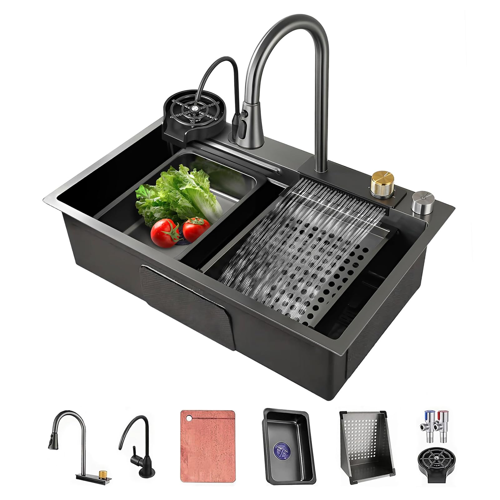 Évier de cuisine à cuve unique anti-éclaboussures 75x45cm avec robinet