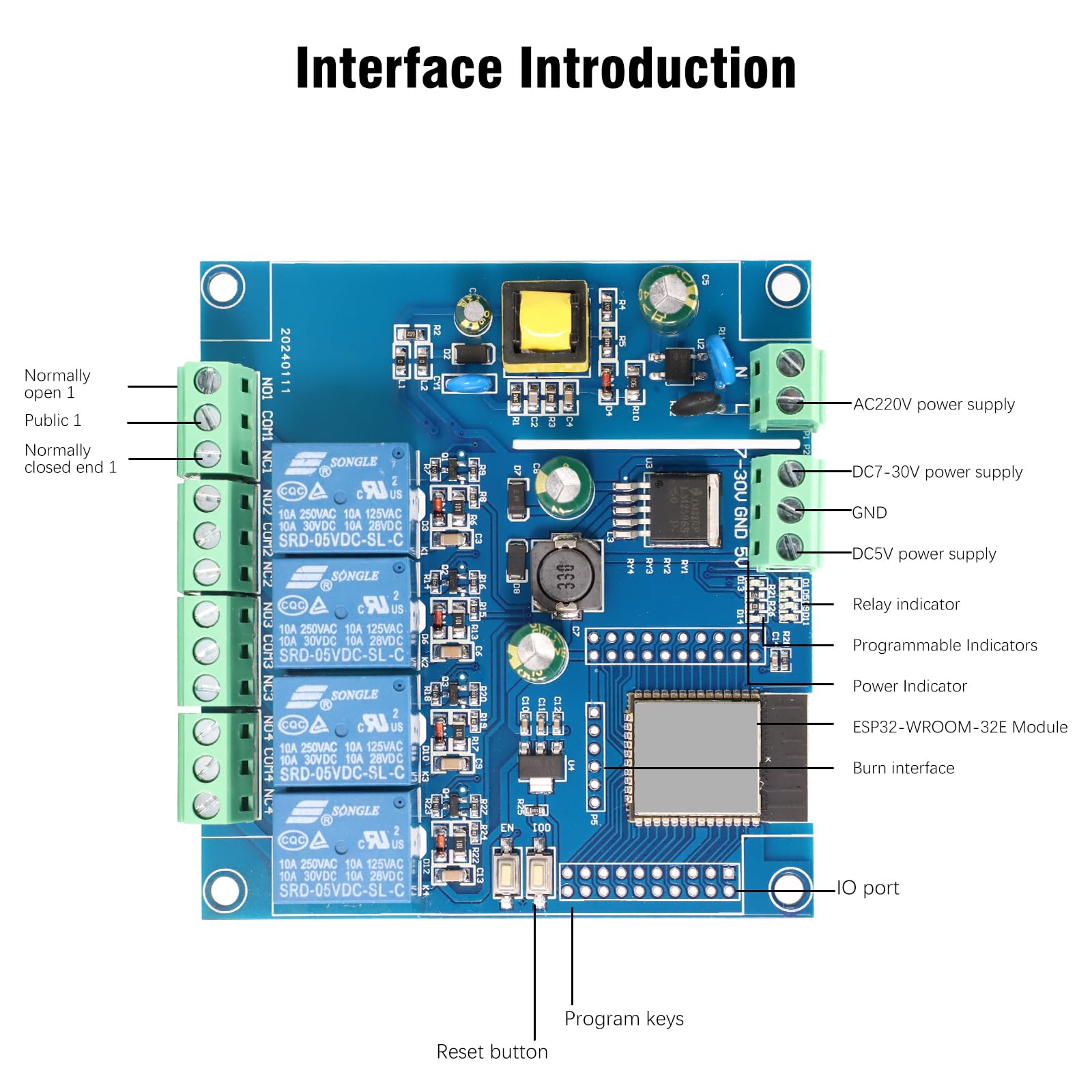 Binghe 4 canali ESP32 relè Modulo, ESP32-WROOM relè Scheda di Sviluppo con WIFI Bluetooth BLE AC220W/DC5-30V Alimentazione per Progetti di programmazione fai da te（LC-Relay-ESP-32-4R-A2）