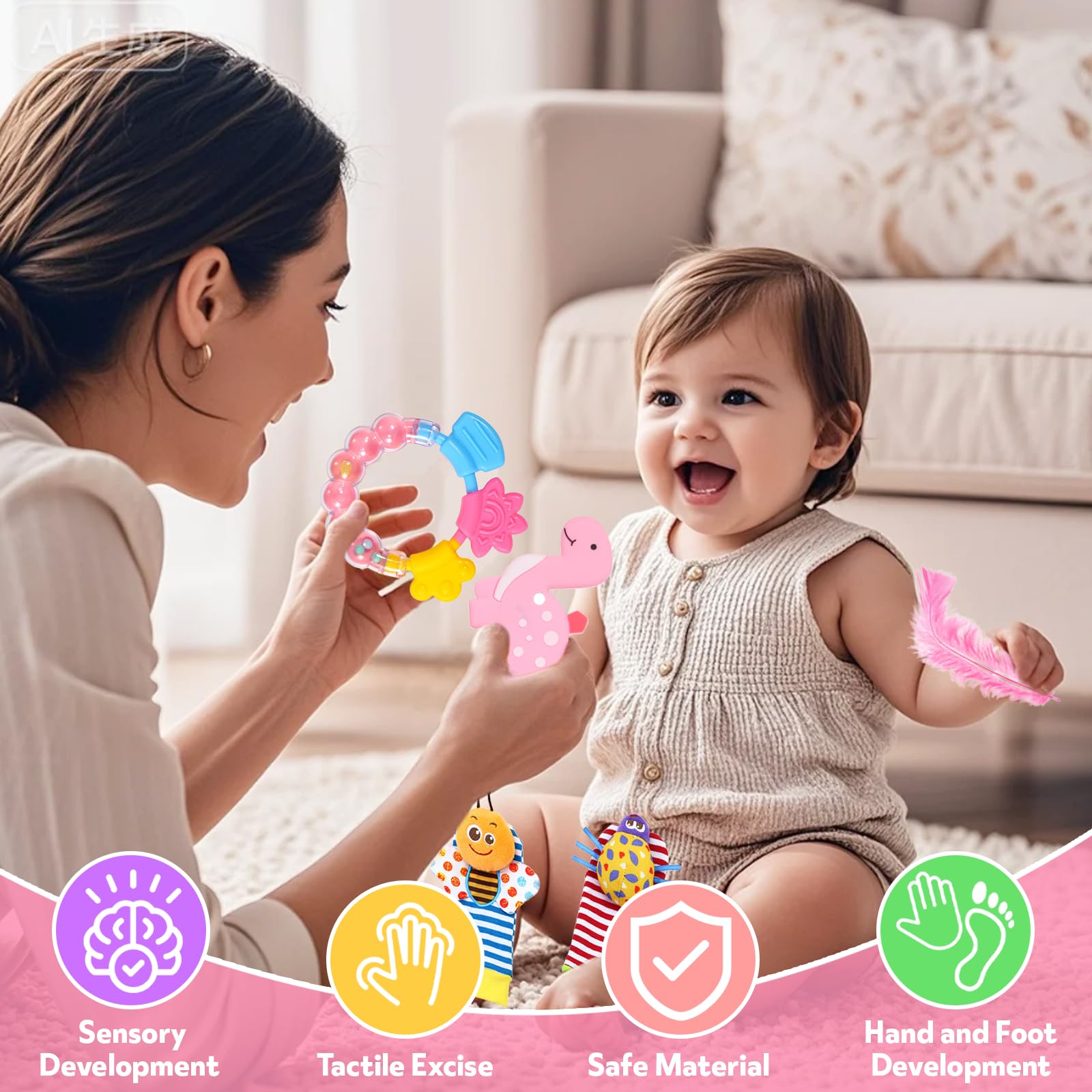 12 Pcs Baby Sensory Toy Set Sensory Foil Blanket Baby Wrist Rattles Rattle Socks Sensory Scarf Feathers for Babies Newborn Sensory Toy Scarf Feathers for 0 3 6 9 12 Months Early Learning Autism ADHD - Image 4