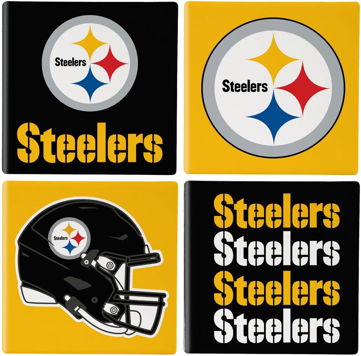 NFL Pittsburgh Steelers Coasters Gift Set with Wood Caddy, 4pcs Ceramic Stone Drink Coasters with Wooden Holder, Football Tabletop Décor for Home, Bar, Man Cave, Holiday for Men Women