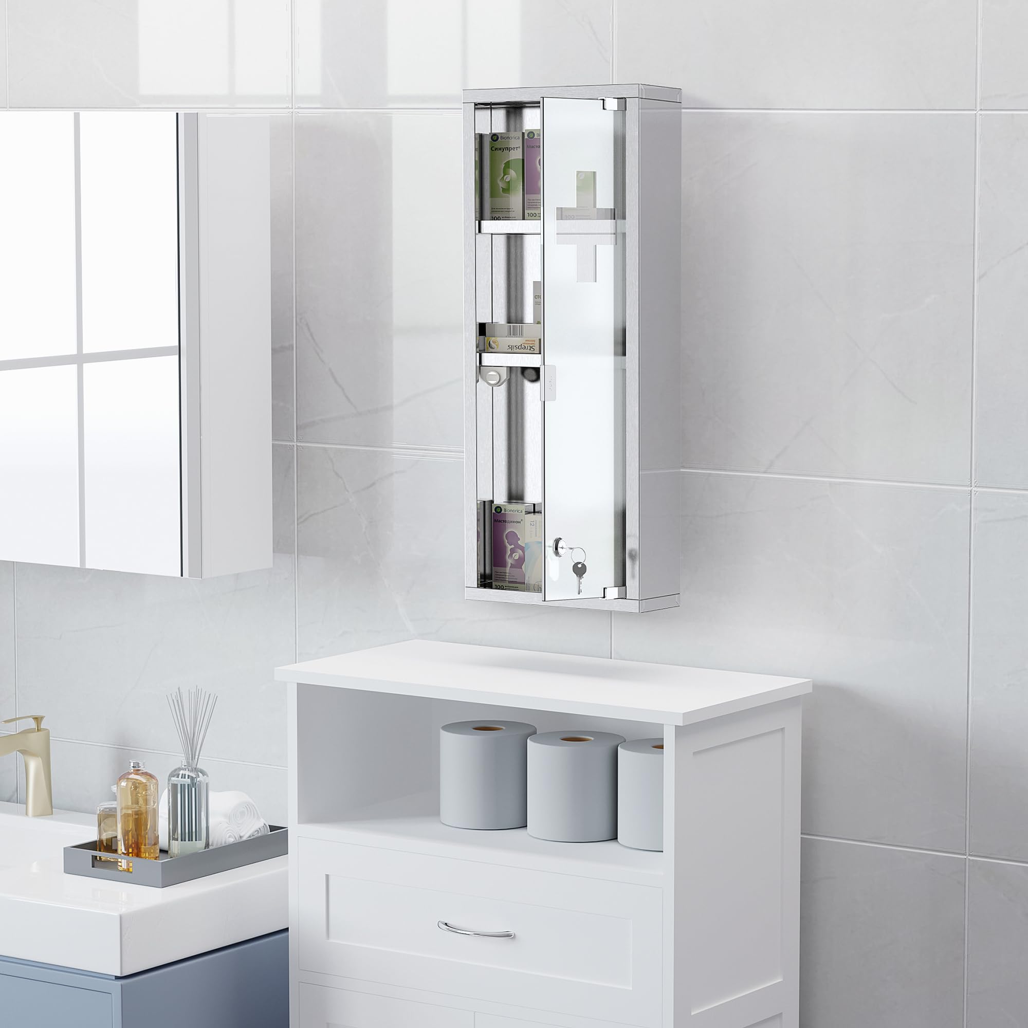 kleankin Armoire à Pharmacie 2 étagères 3 Niveaux 20L x 12l x 58H cm Porte Verre trempé Symbole Croix Acier INOX.