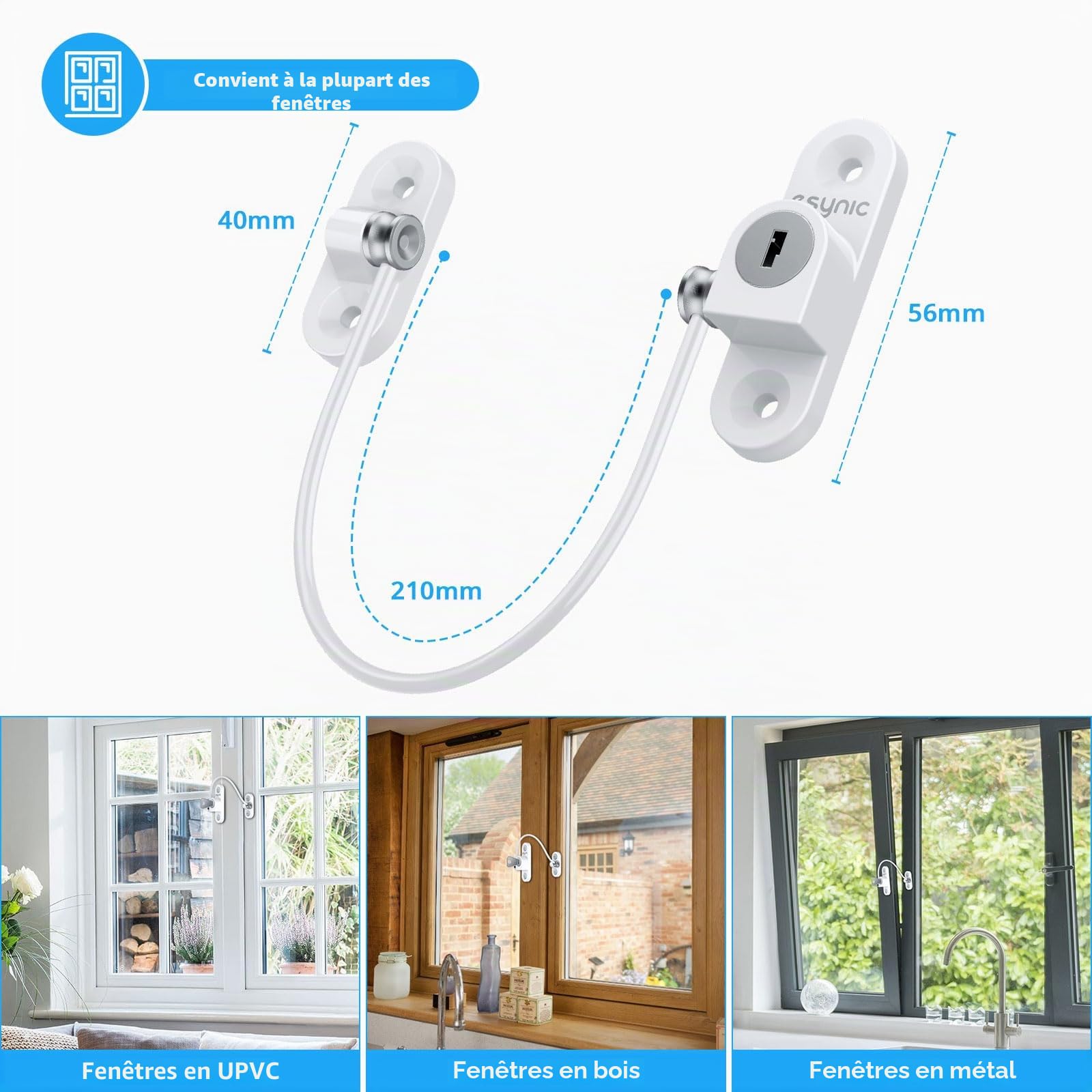 eSynic Pack de 8 verrous de fenêtre solides en alliage de zinc et en acier inoxydable, limiteurs de fenêtre pour UPVC, sécurité enfant, prévention des cambriolages, verrous de sécurité pour fenêtres