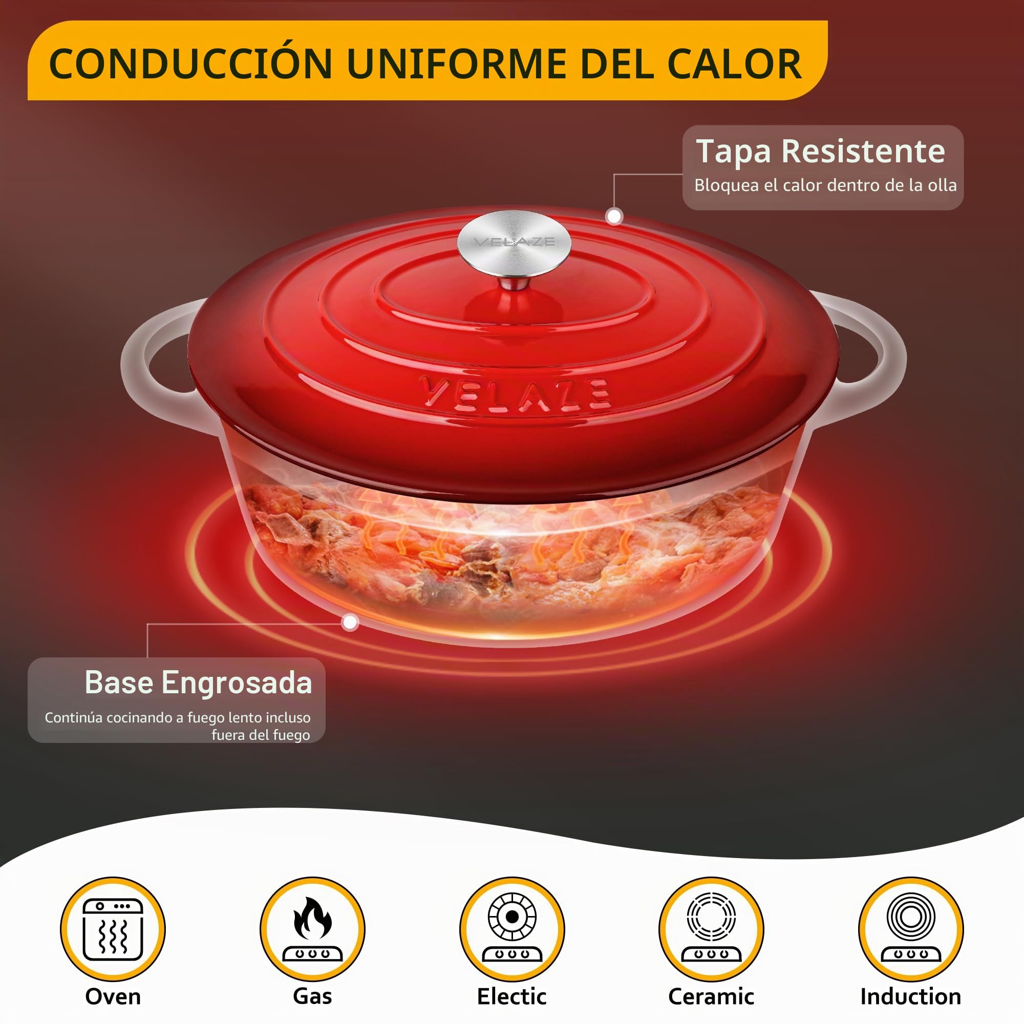 Velaze - Olla de Hierro Fundido Esmaltado con Tapa para Inducción, 30 cm, Brasea, Buen Sellado, Olla de Sopa, Revestimiento Antiadherente, Diámetro de 30 cm