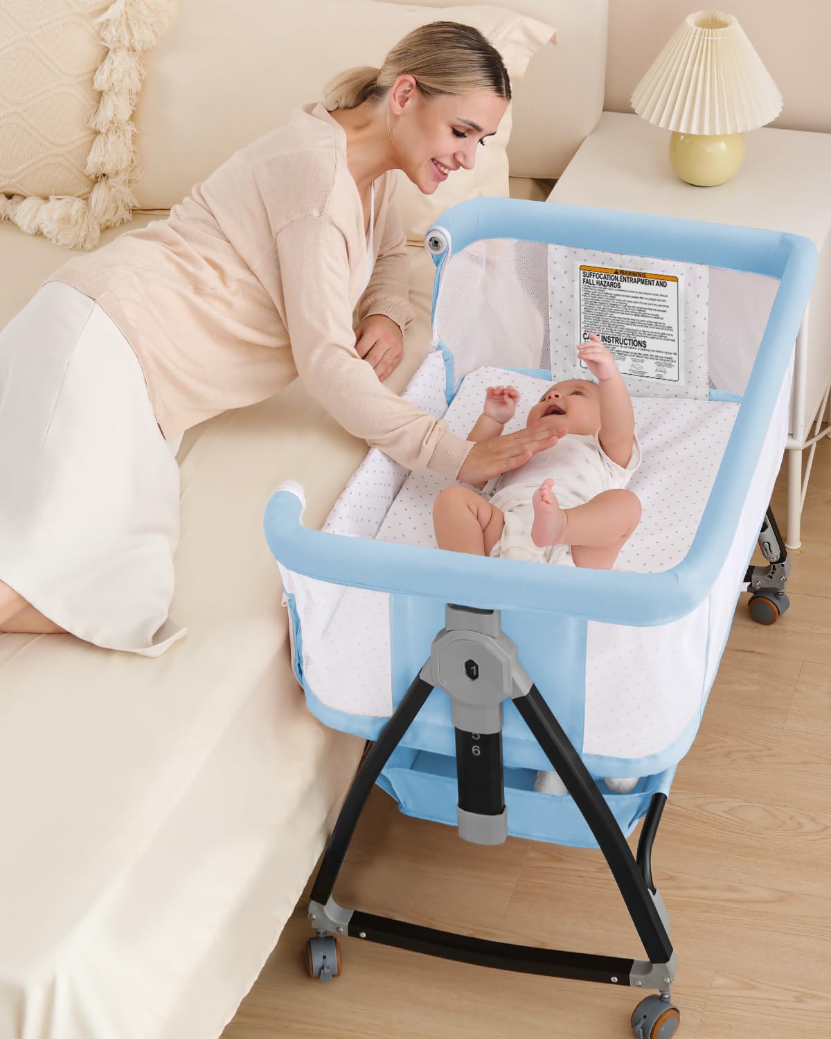Bedside Bassinet for Baby, 3 in 1 Breathable Mesh Baby Bassinet, 6 Height Adjustable, Easy to Assemble, Bassinet Bedside Sleeper with Wheels, Mosquito Net, Storage Basket, Bassinets for Newborn Baby | Multi-functional — view 9