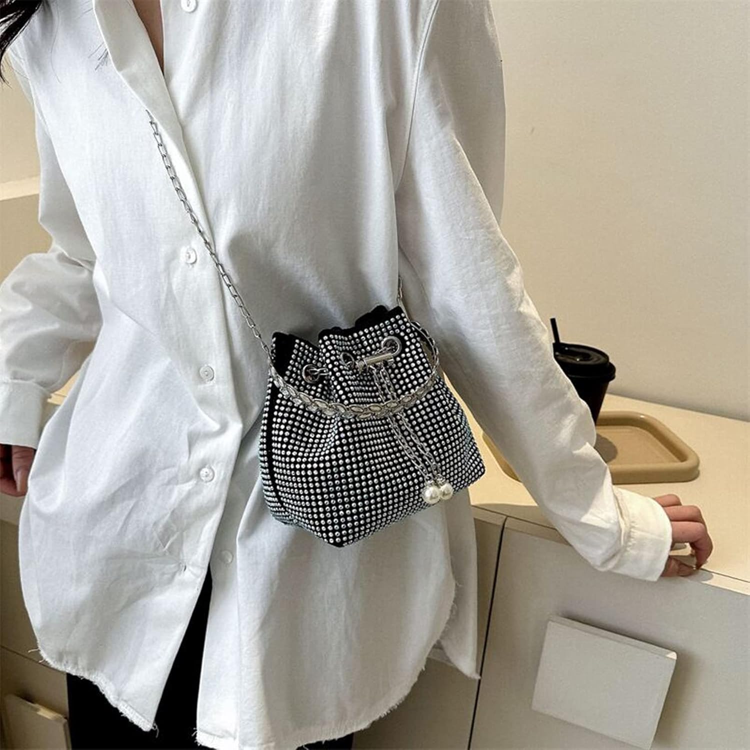 Miniatura 2 de Bolso de noche para mujer, mini embrague con diamantes de imitación, bolso cruzado, bolso de mano con asa superior, bolsa de cubo, bolsa de hombro