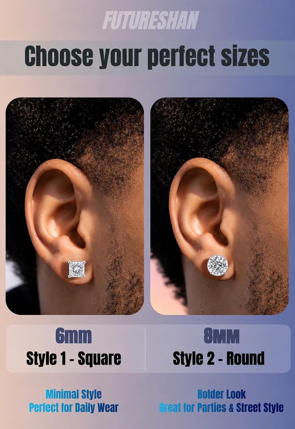 2 Pairs Magnetic Earrings for Men with 5A Cubic Zirconia, Stainless Steel Clip On Fake Earrings Non Pierced Magnet Nose Stud Piercings for Women, 6/8MM Simulated Diamond, Gold/Silver/Black Color