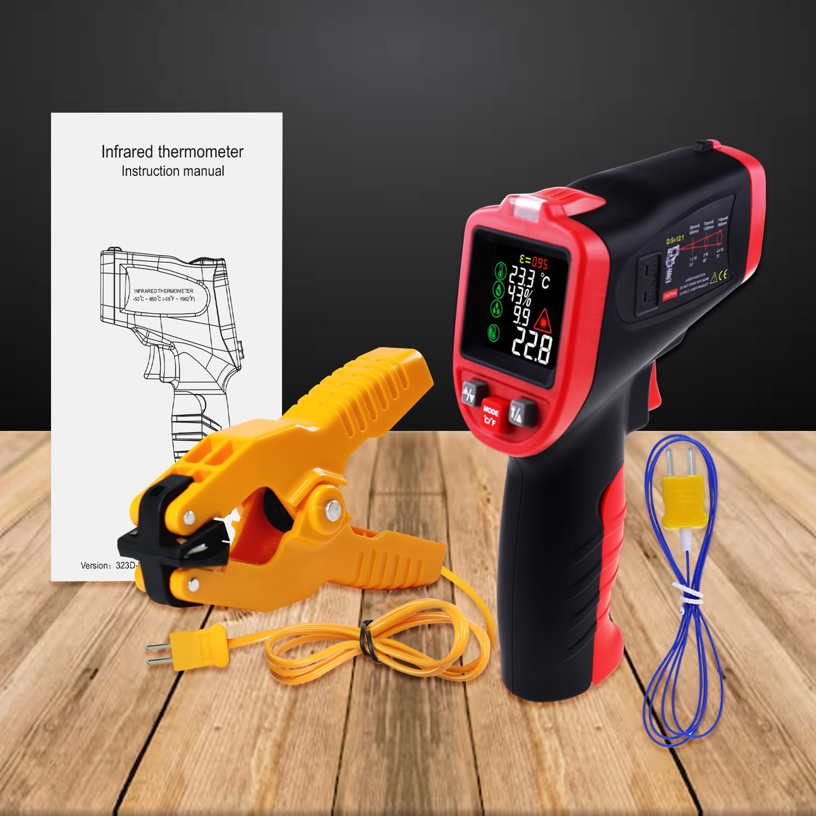 Termometro a Infrarossi Senza Contatto -50~850°C Puntamento Laser Sonda Termocoppia Tipo K Rilevamento UV