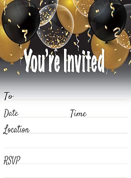 QualityVibe Black & Gold balloons Invitations Set of 25 with envelopes. Invites for Anniversaries, birthdays, sweet 16, bridal showers, baby showers, milestones birthdays and more.