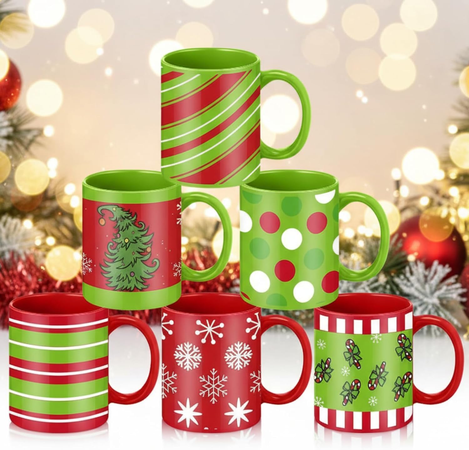 Sliner 11 oz Christmas Coffee Mug Set in 6 Funny Themed Designs, Novelty Holiday Party Cups for Table Decorations, Xmas White Elephant Gifts for Women Men