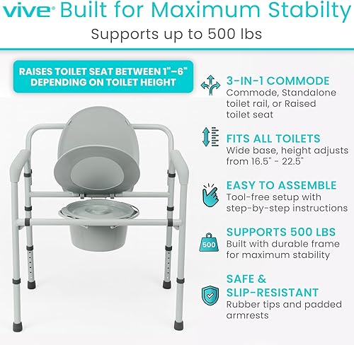 Miniatura 3 de Vive Bariatric Bedside 3-in-1 Commode 500 lb Capacity - Portable Folding Toilet Chair - Adjustable Height, Extra Wide Seat - Bucket Splash Guard