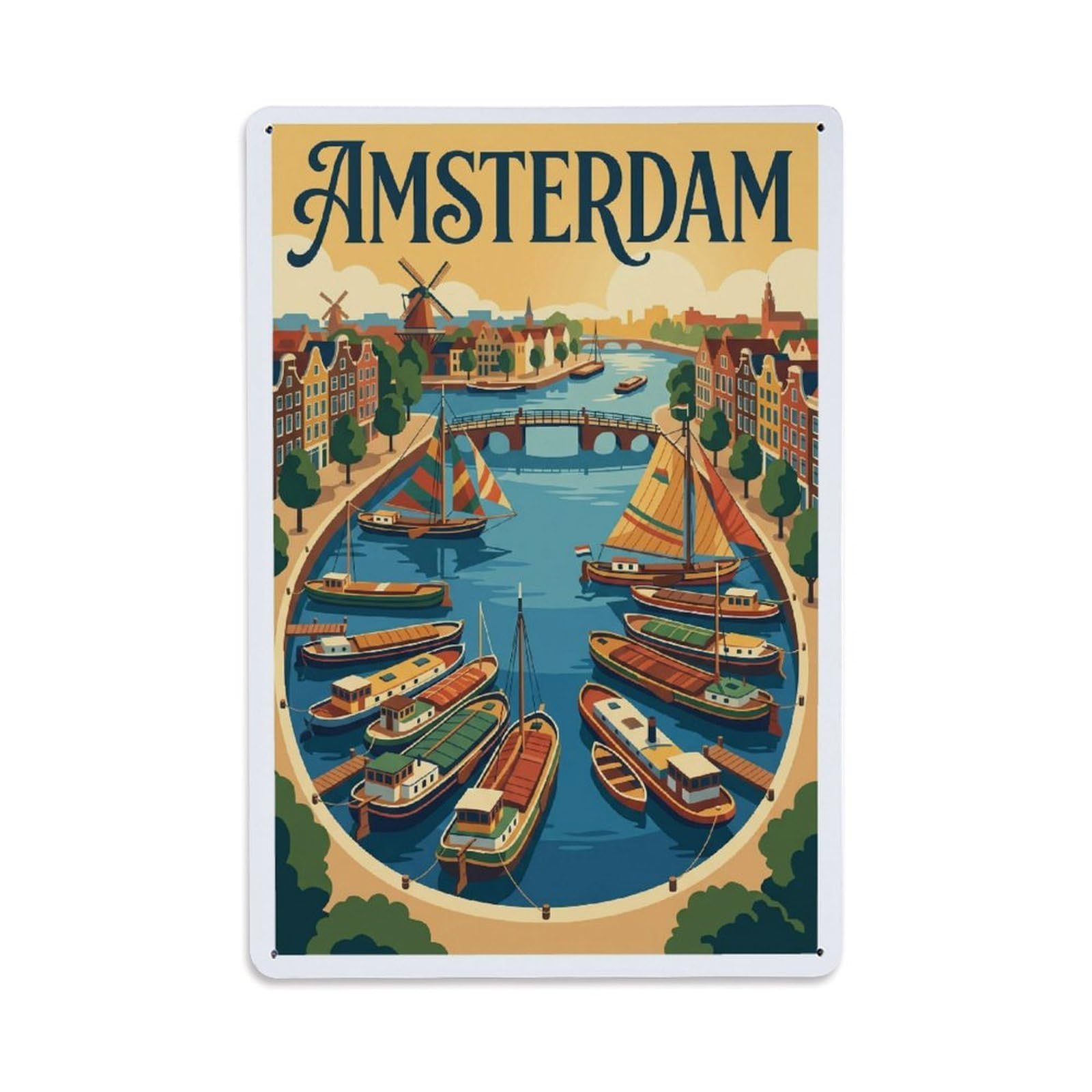 Okngb Style Harbor Boats Canal Vintage Amsterdam Waterfront Tourism Metal Tin Sign Plaque Wall Decor For Cafe, Man Cave, Club Bar, Office, Home Garden Round Metal Poster 8X12inch