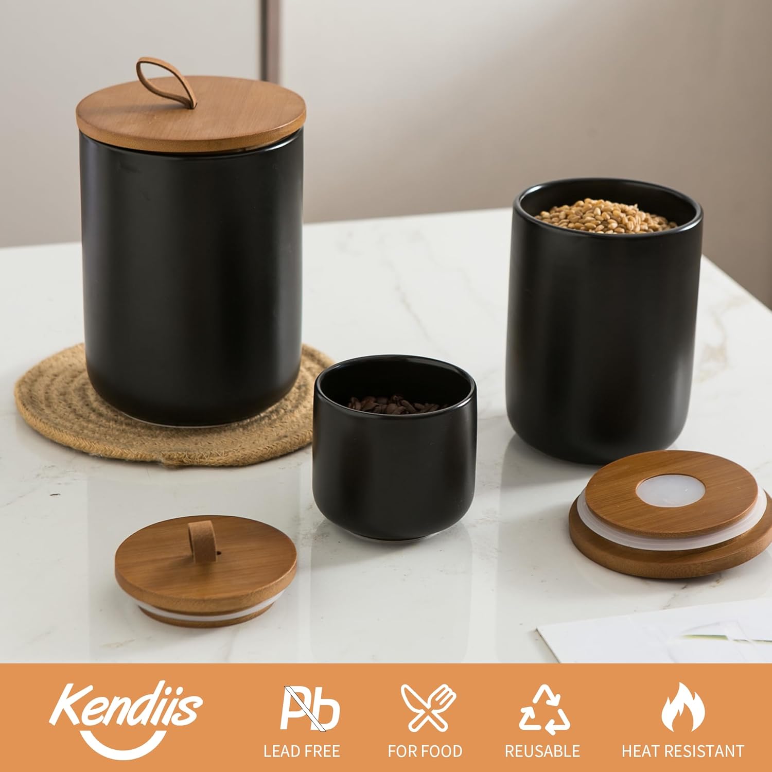 Canister Sets for Kitchen, Black Ceramic Kitchen Canisters for Countertop with Airtight Wood Lids, Large Flour and Sugar Containers for Coffee, Tea, Spice (Set of 3)