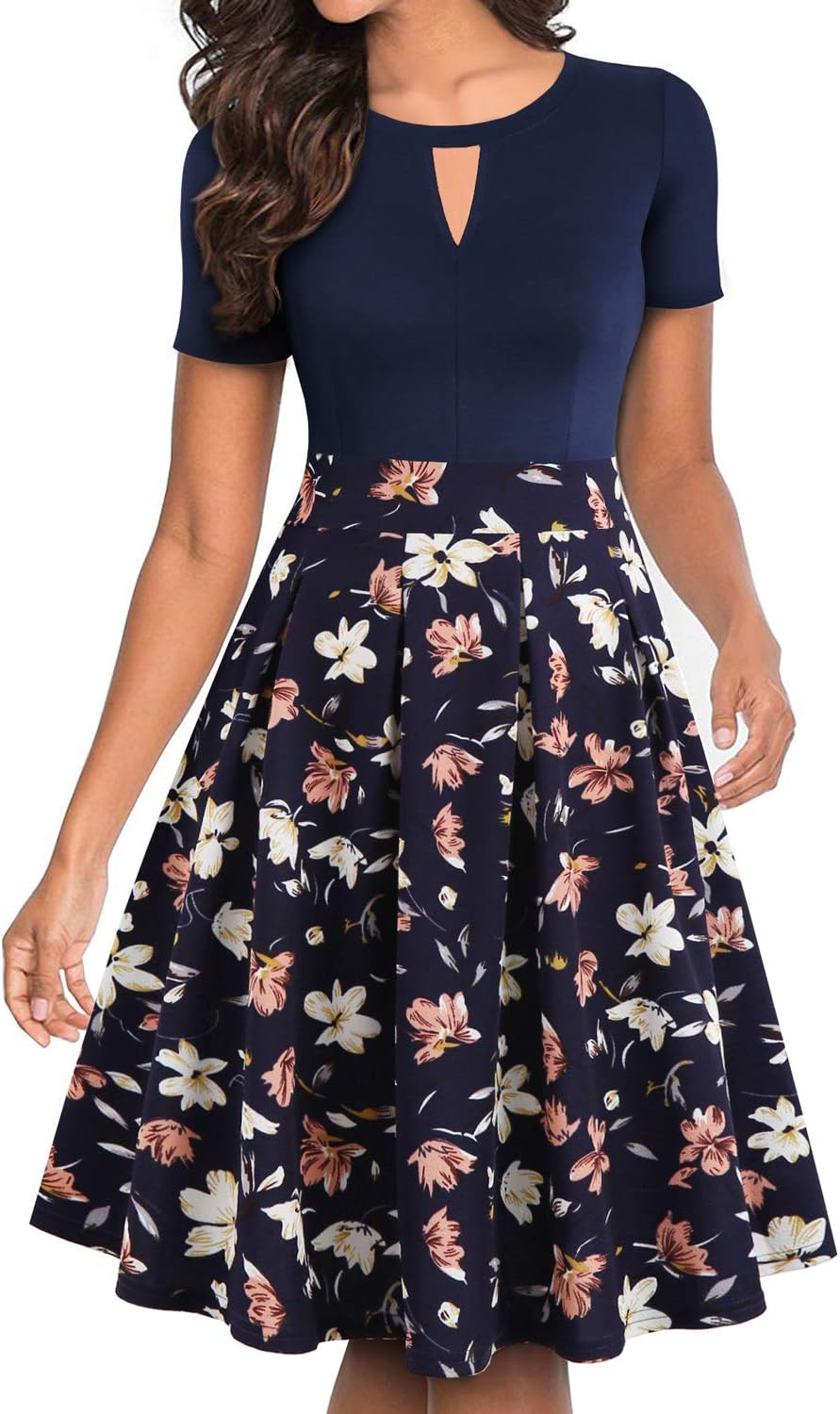 Women's Vintage Floral Flared A-Line Swing Casual Party Dresses with Pockets