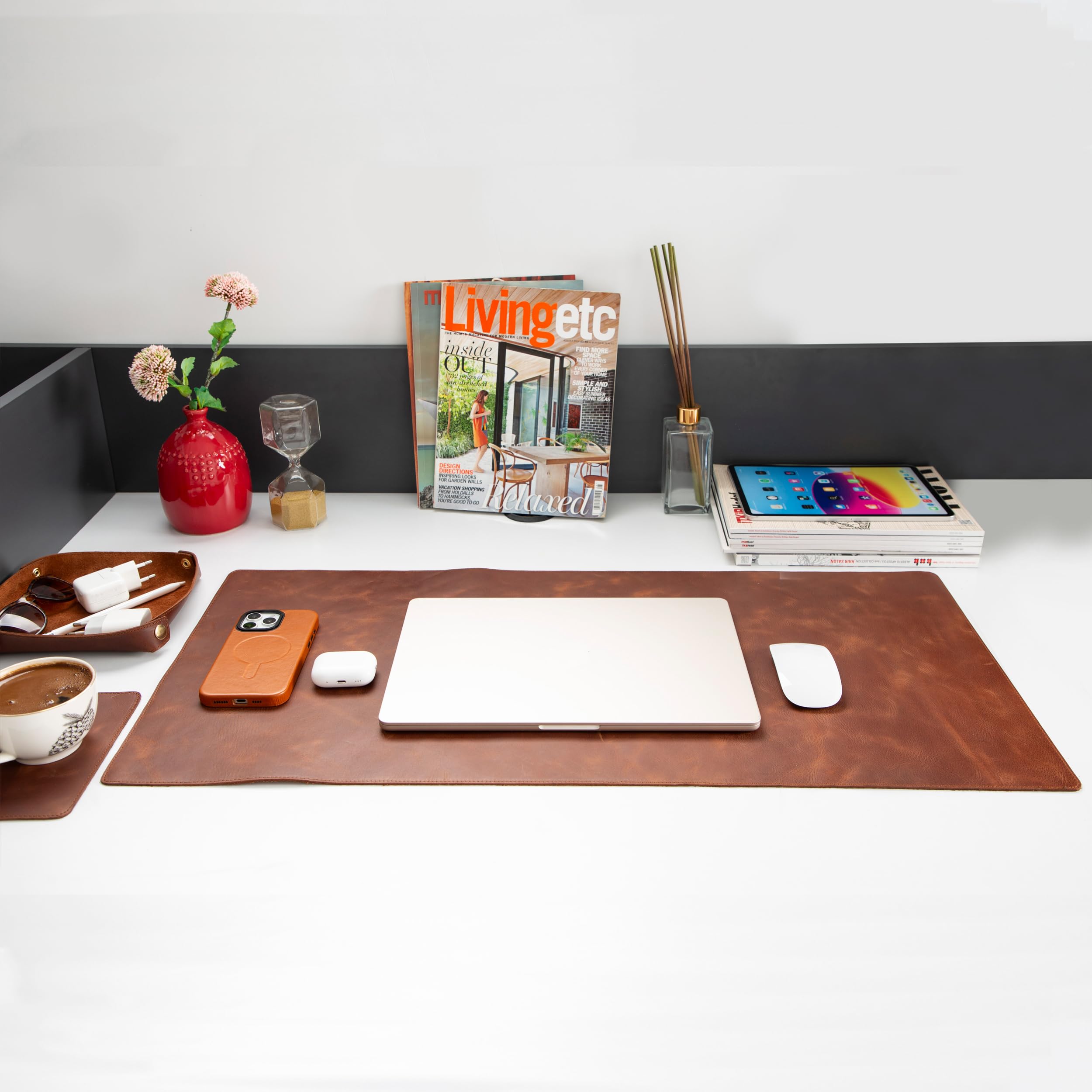 Büro-Set – Schreibtischunterlage aus echtem Leder (81,3 x 40,6 cm), Schreibtisch-Organizer und Tassen-Untersetzer – hochwertiges handgefertigtes Bürozubehör für eleganten Arbeitsplatz