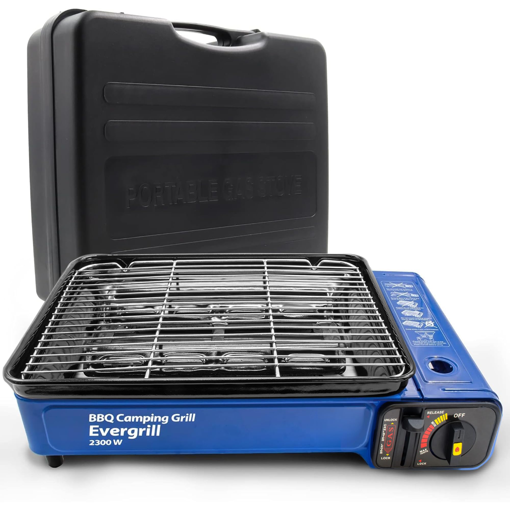Evergrill Butangas Camping Gasgrill 2300 Watt | Inkl. Transportkoffer, Piezo-Zündung & Sicherheitsventil, Stufenlose Regelung, Mobiler Tischgrill