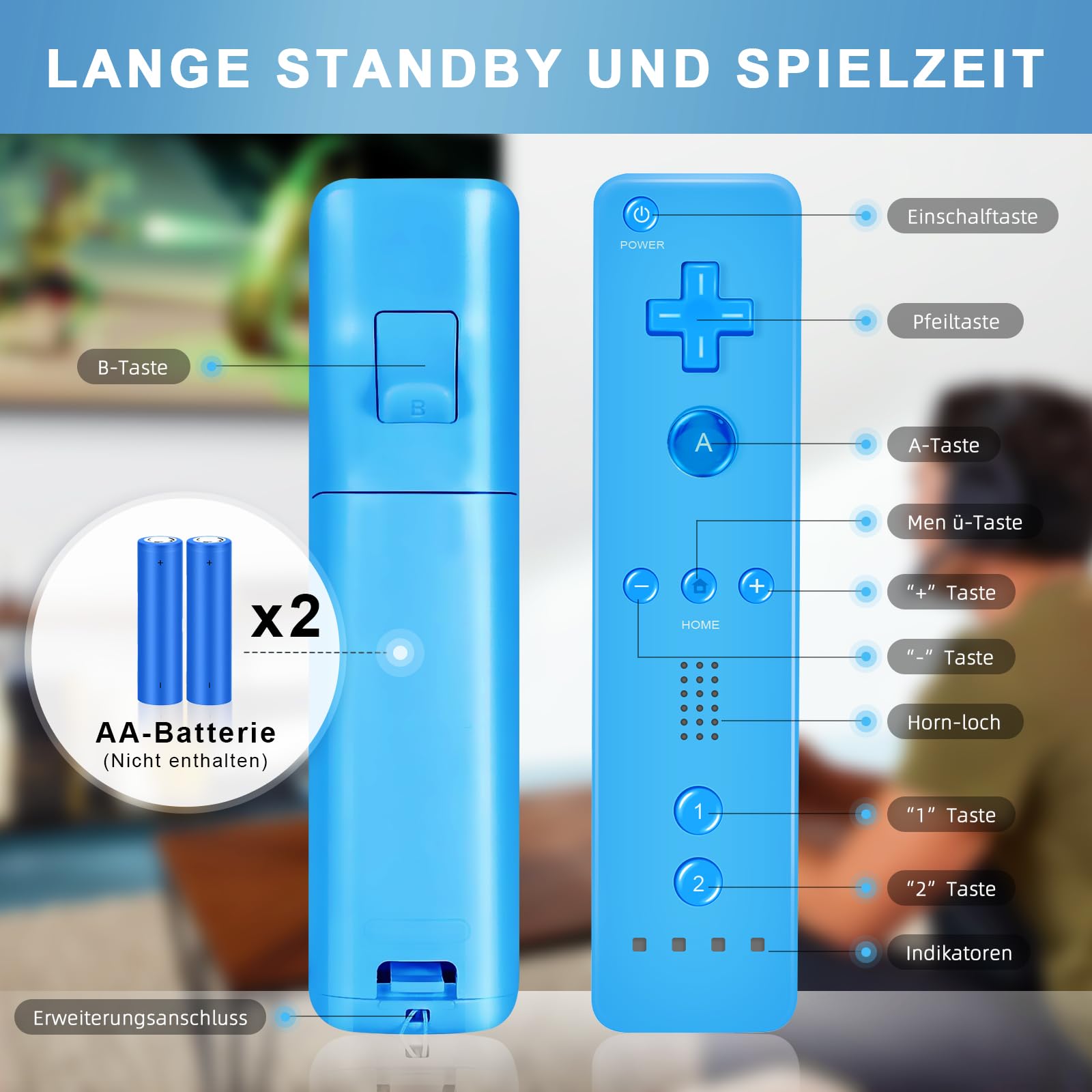 LeonDesigns Wii Remote Controller und Nunchuck Controller für Wii U, inkl. Silikonhülle und Handschlaufe (rot+blau)