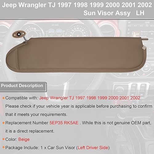 Miniatura 8 de NHILES Visera solar izquierda para conductor compatible con Jeep Wrangler TJ 1997 1998 1999 2000 2001 2002 Número de repuesto de parasol 5EP35 LAZAE