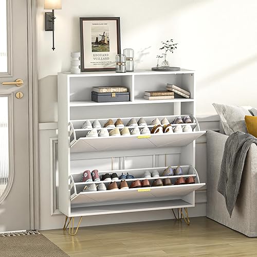 Vista 68 de JOZZBY Armario de zapatos para entrada, armario de almacenamiento de zapatos estrecho negro con 2 cajones abatibles y estantes abiertos, organizador