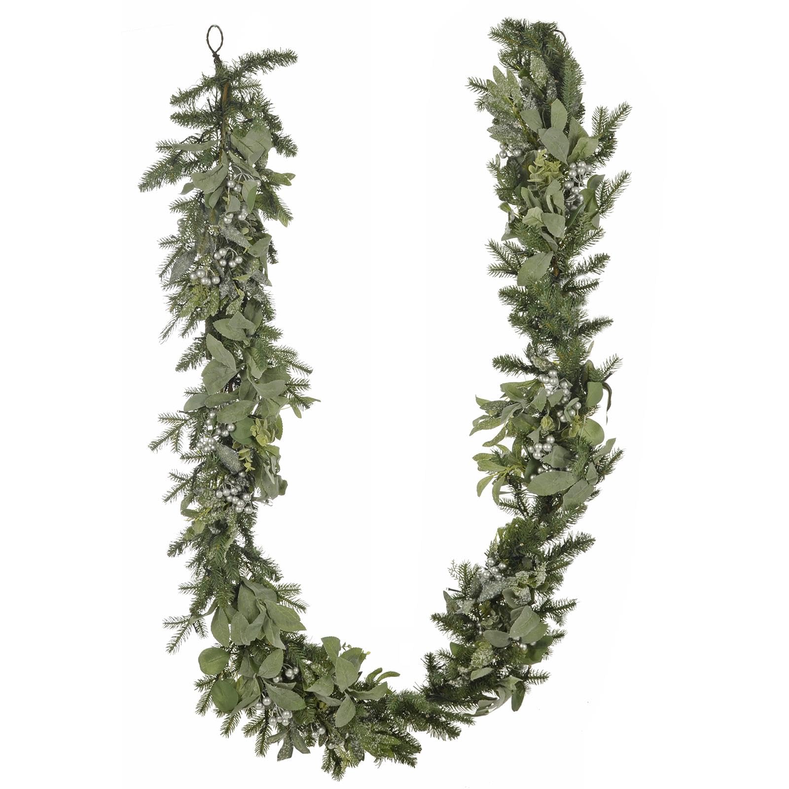 Mr Crimbo Pre-Lit Christmas Garland 100 Warm White Lights Silver Berries Green Frosty Leaves 2.7m 9ft