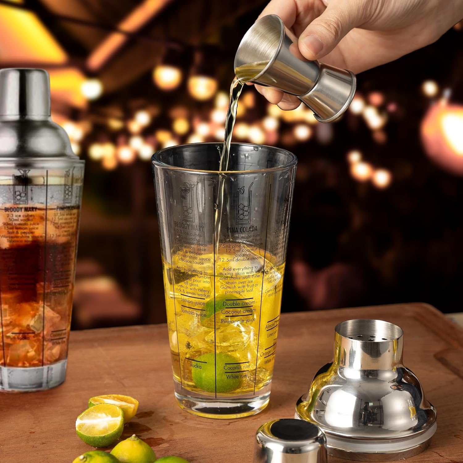 Glass Cocktail Shaker with Strainer, 14oz Martini Shaker with 6 Recipes On Side, Clear Drink Shaker Bottle with Measurements, Bar Shakers Set Bartender Kit for Mixing Cocktail, Margarita