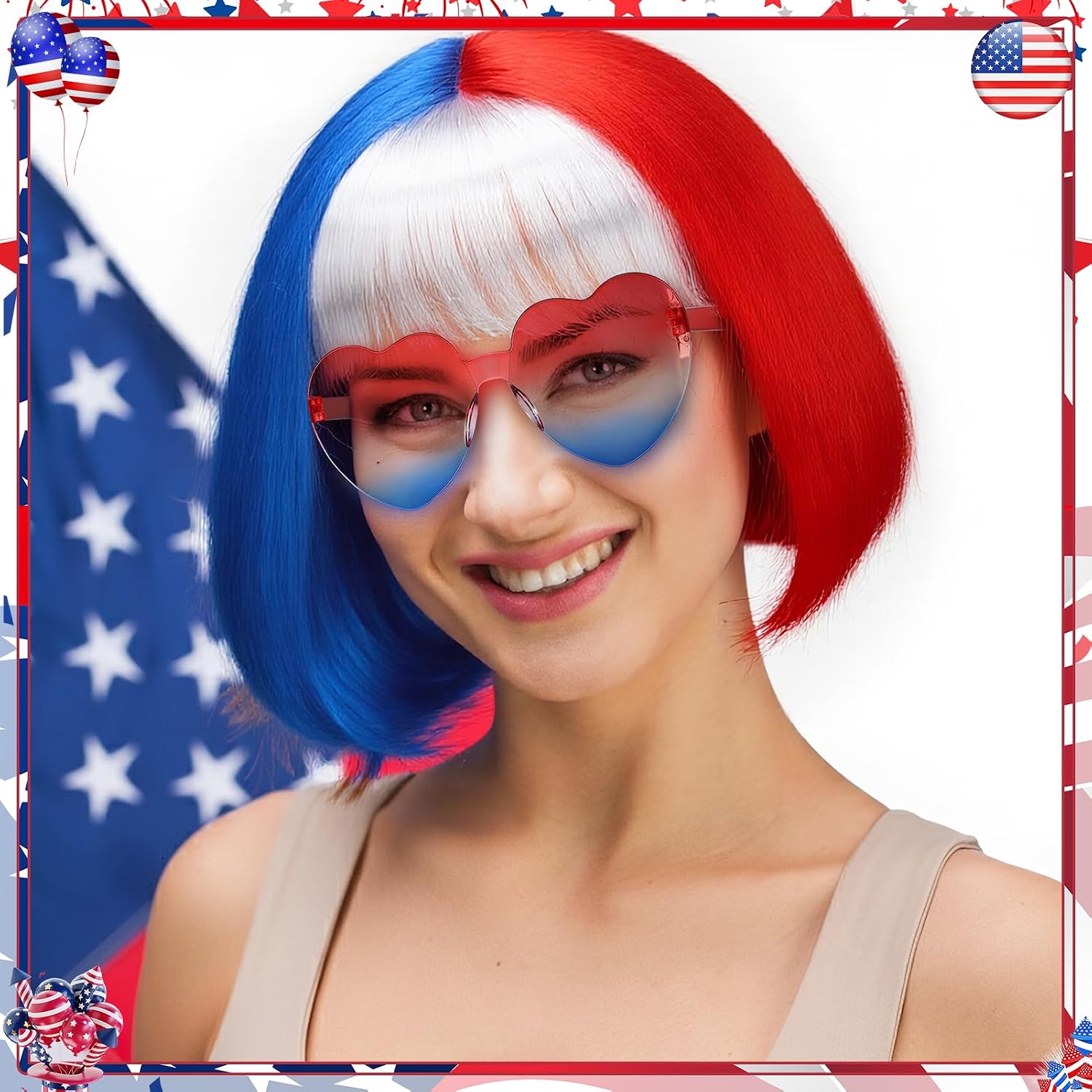 9 Pcs Red White and Blue Wig Set 4th of July Halloween Short Bob Curly Girls Hair Wig Cosplay Party Costume Outfit