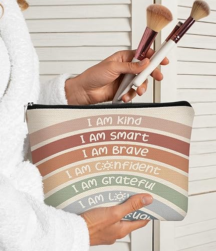 Miniatura 2 de Bolsa de maquillaje inspiradora con texto en inglés "I Am Kind I Am Smart I Am Brave", bolsa de cosméticos bohemia neutra arco iris, regalo para