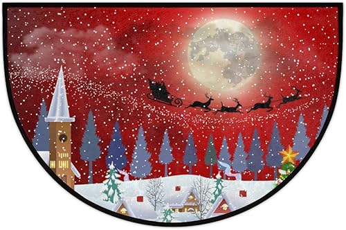 cfpolar Tapete semicircular de Navidad, tapete semicírculo rojo con alce, antideslizante, suave para exteriores, resistente al desgaste, tapete de