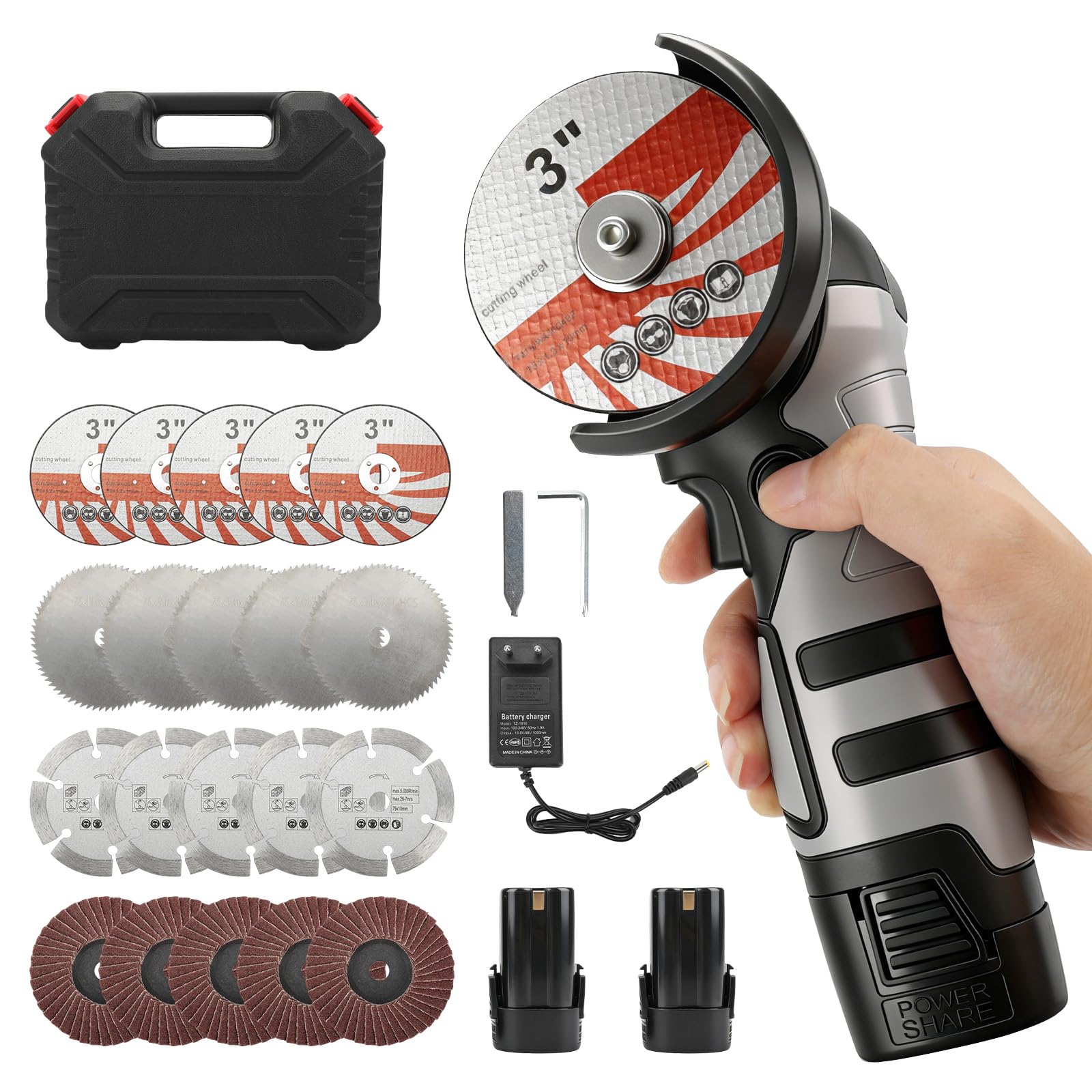 Mini Amoladora Angular con batería de 16,8V 2 x 2000 mAh, escobillas de 14000 RPM, 75MM cuchilla, Disco Abrasivo para Cortar Ladrillo Pulido, Madera, Piedra, Acero