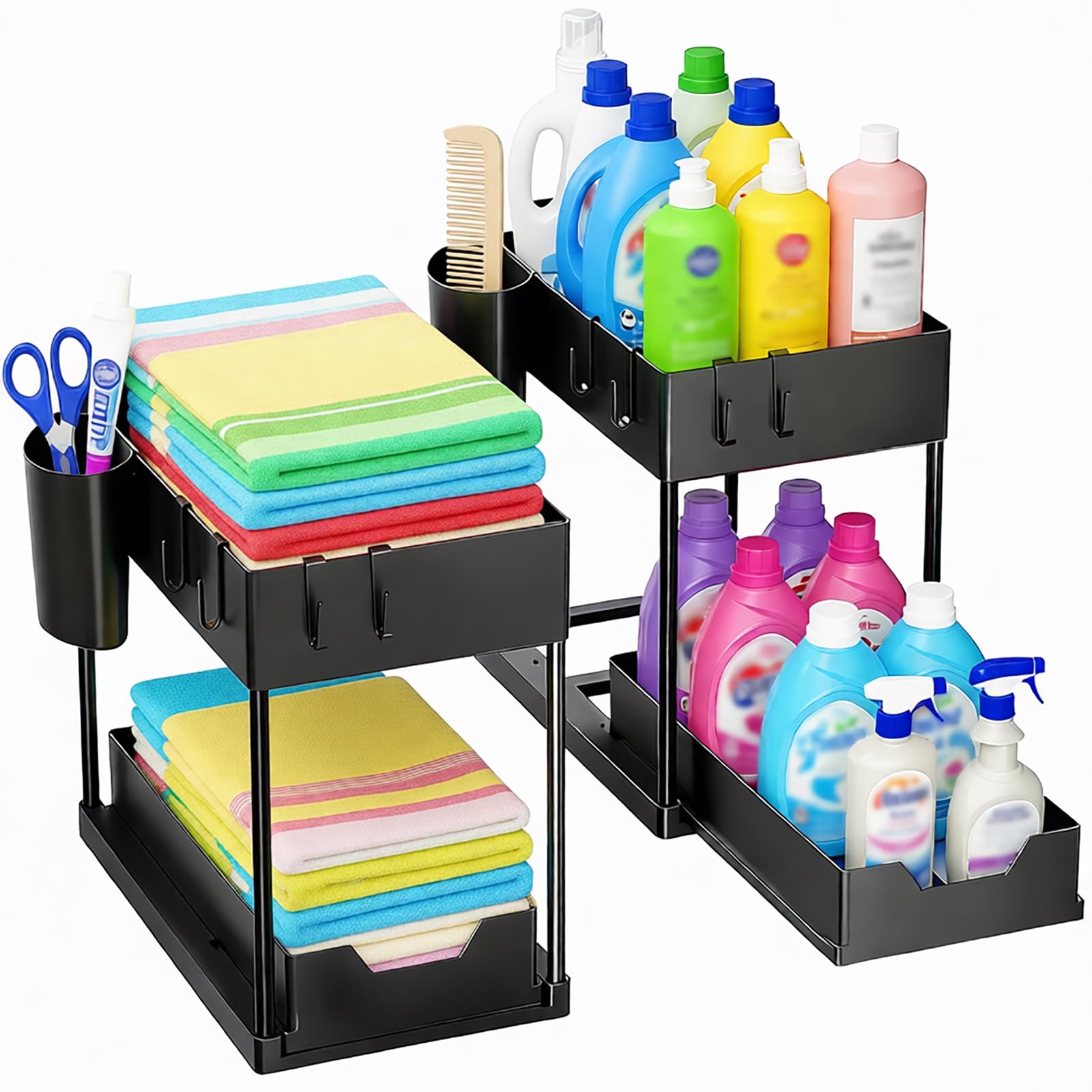 Pull-Out Drawer, 2 Pack Under Sink Storage Organiser, 2 Tier Sliding Rack with 8 Hooks & 2 Cups, Holds 40lbs, No Tools Assembly - for Kitchen & Bathroom Cabinet Organisation (Black)