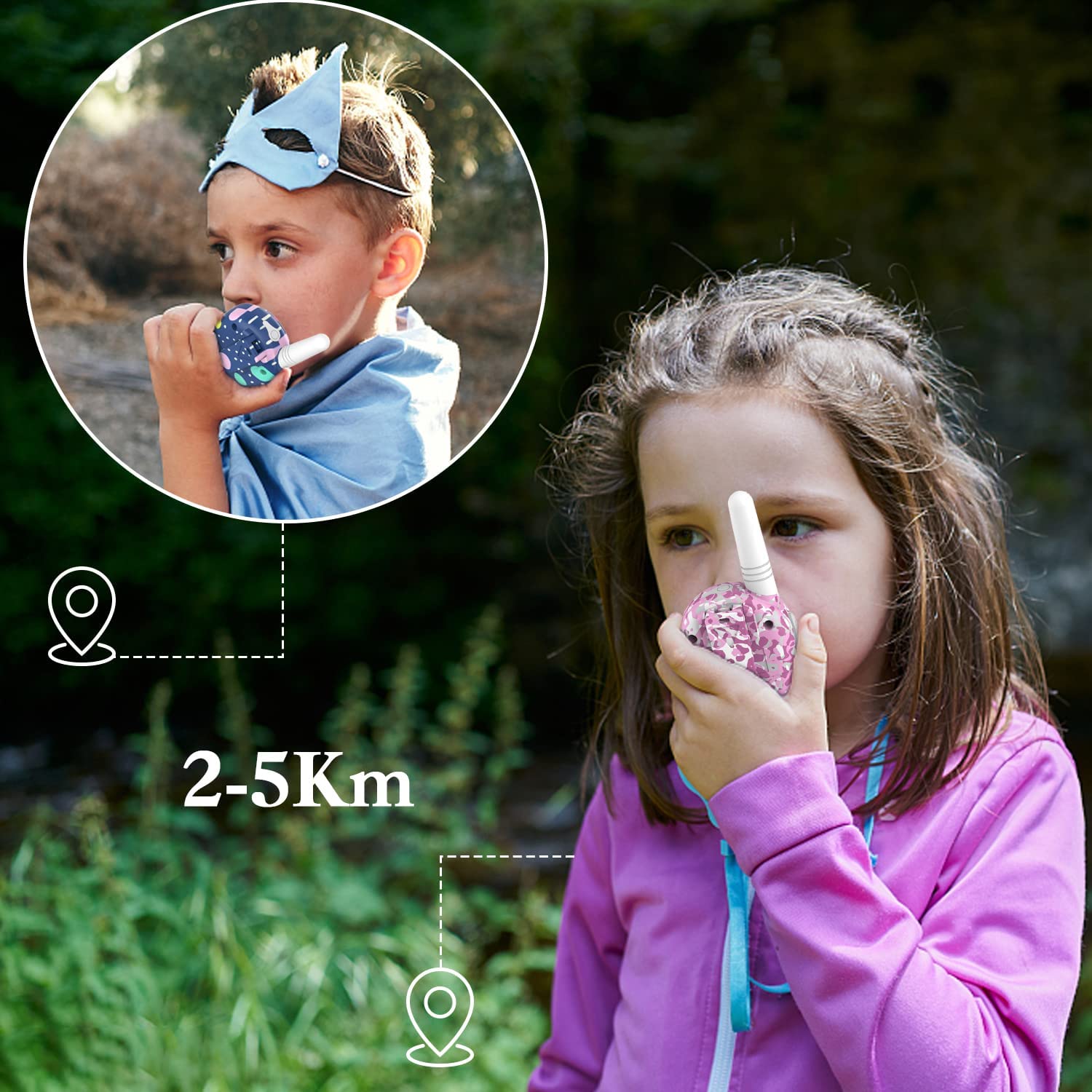 QNIGLO Q168Plus Camuflaje Walkie Talkie para Niñas, Comunicación Bidireccional 2Km Largo Alcance, Jugar&Aventura al Aire Libre,Juguetes Regalos para Niños, con Baterías de Litio(Camuflaje_RosaAzul)