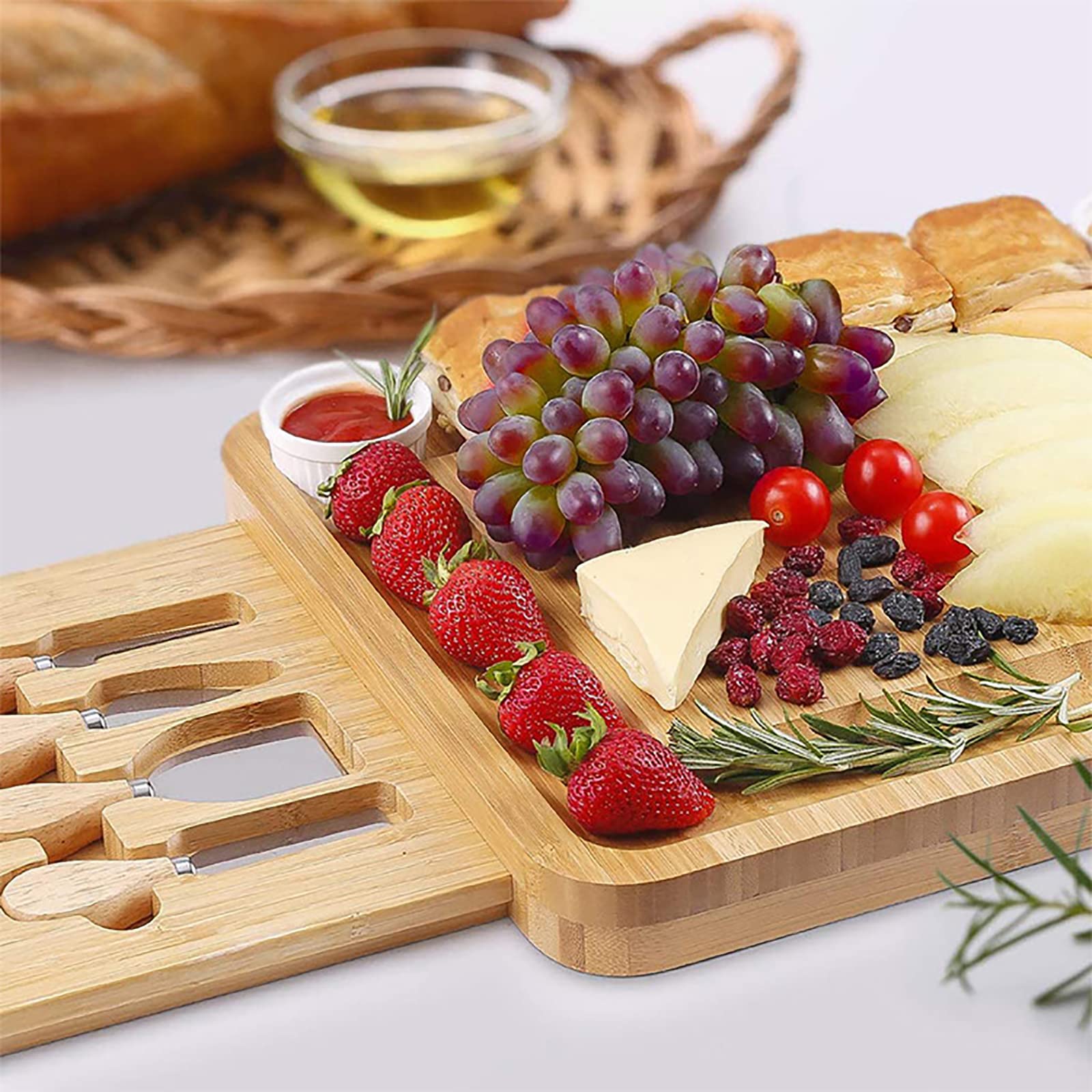 Plateau À Fromage Double En Bambou Unique, Coffret Cadeau Plateau À Fromage Avec 2 Compartiments Intégrés, Extrêmement Durable Et Sans Gâchis, Idéal Pour Les Anniversaires, Les Cadeaux De Mariage
