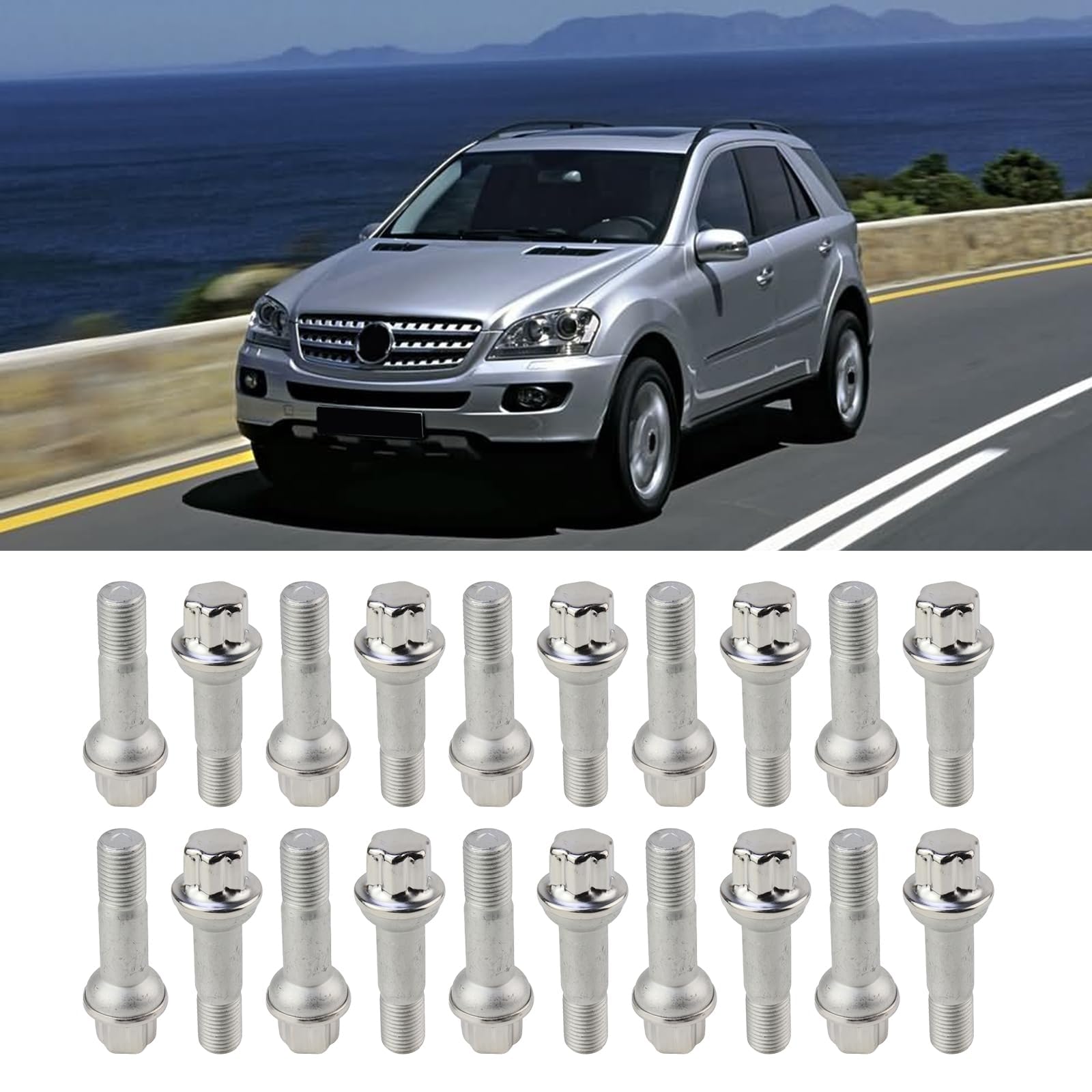 20 sztuk nakrętek kołowych 14 mm x 1,5 kołek ze stali nierdzewnej pasuje do Mercedes Benz GLE320 GLE400 ML500 S550 CL63 ML350 CL500 GL450 GLS450 S400 S500 S600 S63 0000 99054 07