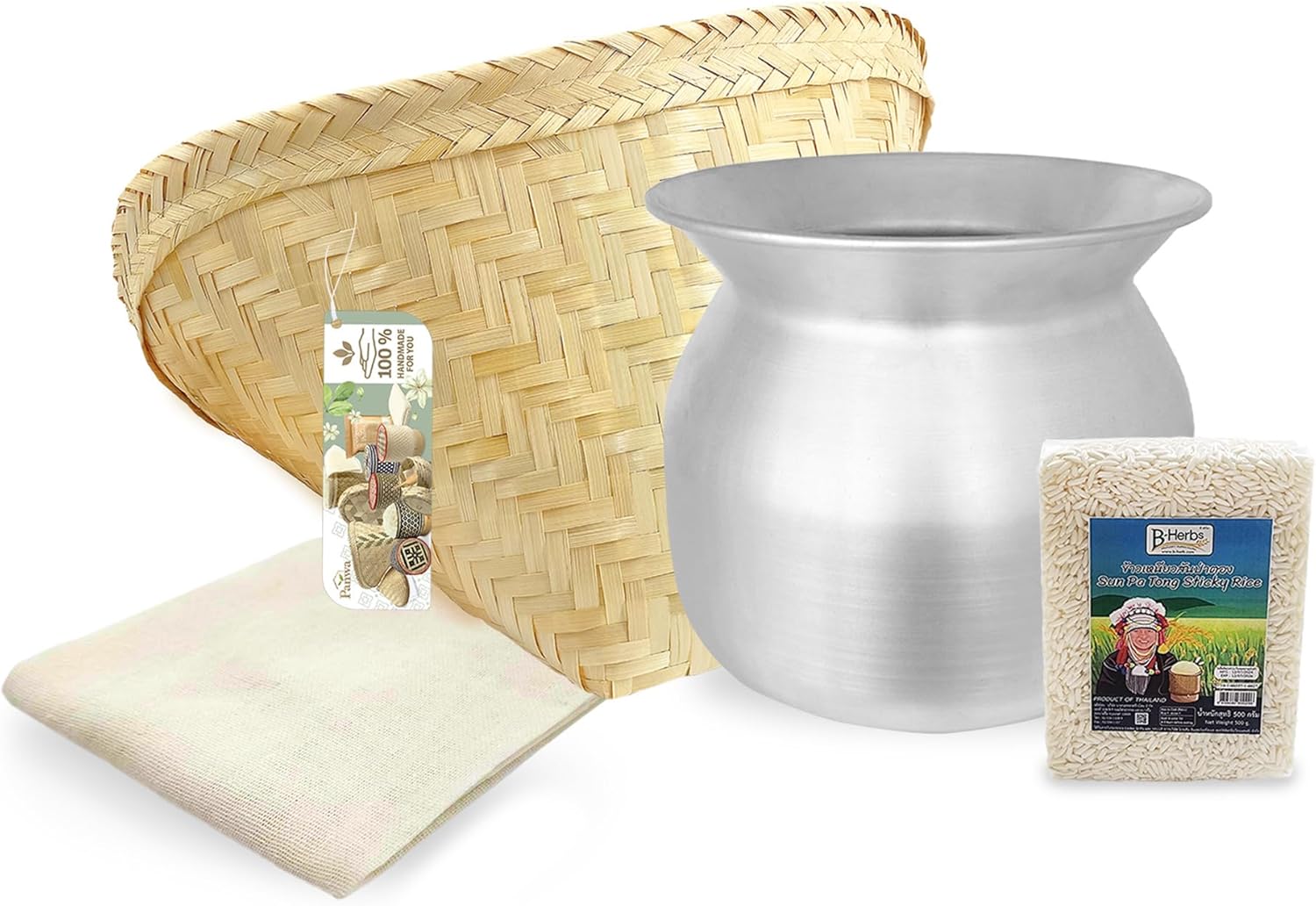 Sticky Rice Essential Starter Set - Includes Steamer Pot, Handcrafted Bamboo Wing Basket, 24” Grade 90 Cheesecloth & 500g. Premium Thai Sticky Rice
